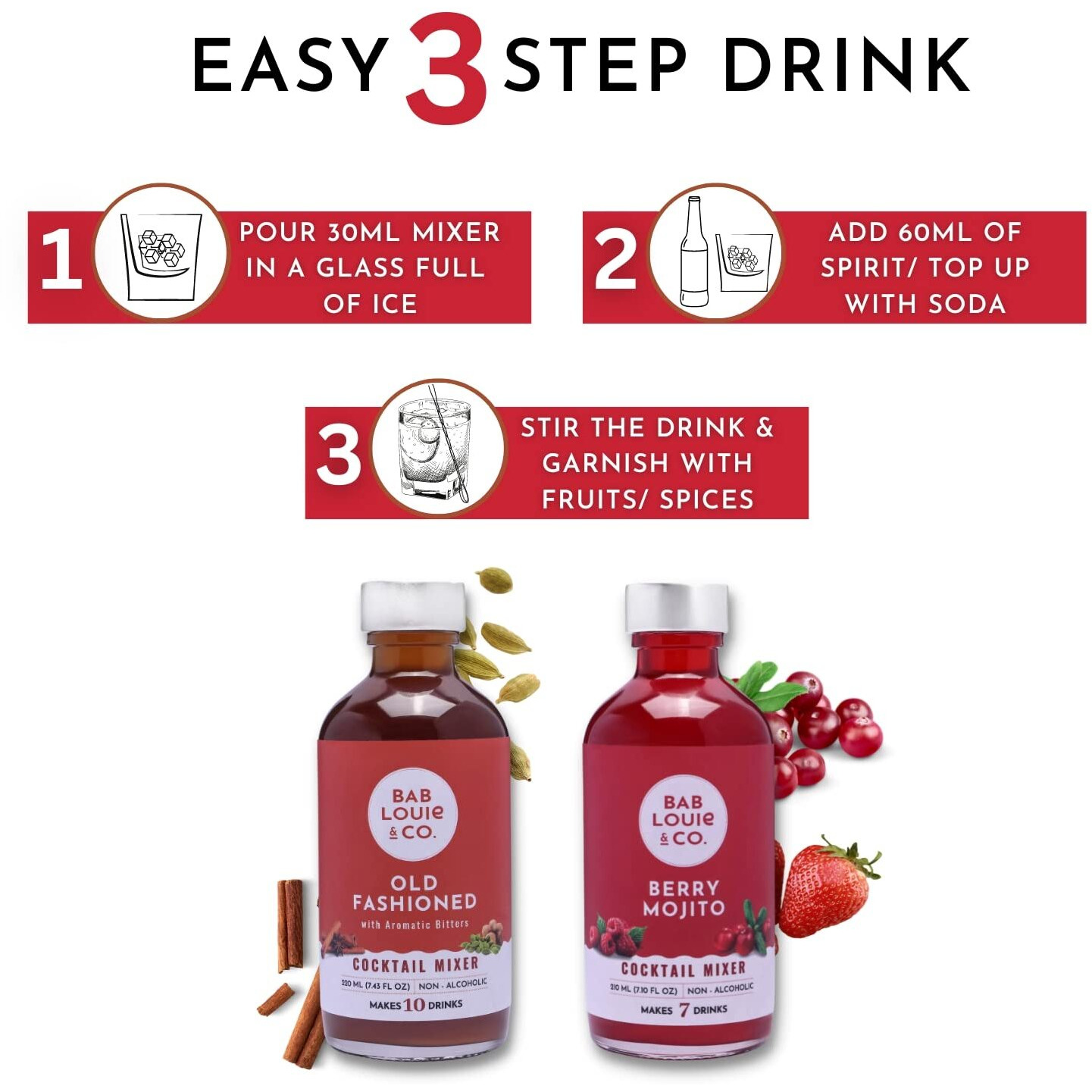 Bab Louie & Co. Cocktail Mixer Combo Old Fashioned & Berry Mojito, 100% Natural, Cocktail Mixer Combo, Cocktail and Mocktail Syrup, Cocktail mixer for Vodka, Gin, Whiskey (Pack of 2)