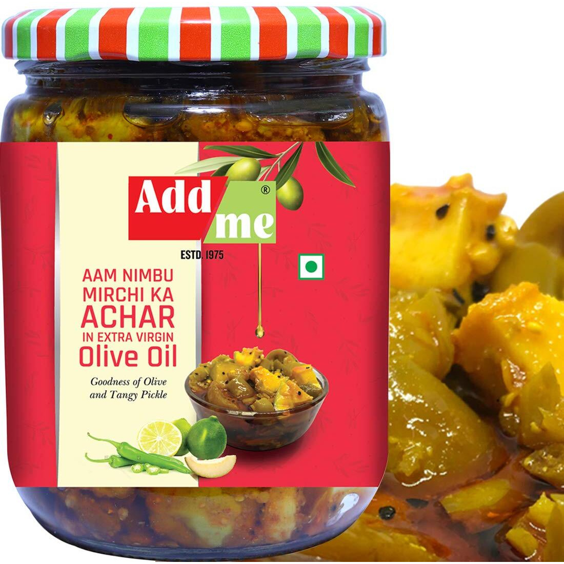 Add me Mango Lemon Chilli Mixed Pickle 500g Aam nimbu mirchi Achar in Olive Oil 500gm, Homemade Mix Pickles 500 gm Glass Pack