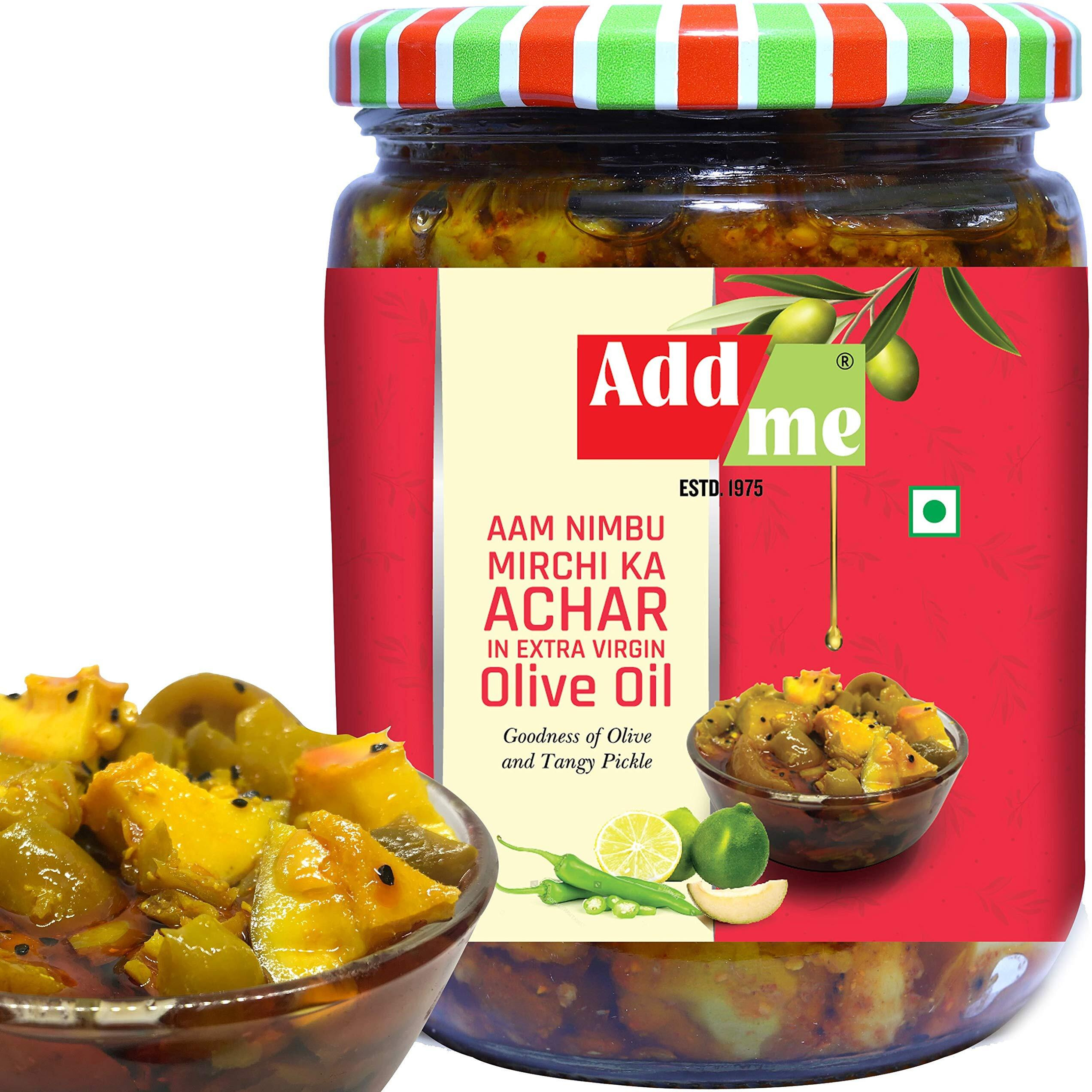 Add me Mango Lemon Chilli Mixed Pickle 500g Aam nimbu mirchi Achar in Olive Oil 500gm, Homemade Mix Pickles 500 gm Glass Pack