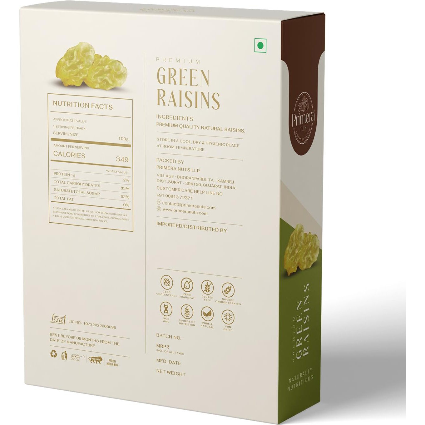PRIMERA NUTS Premium Tasty Green Raisin 250 GM without seed | Naturally Nutritious Delicious Flavoured Raisins | Healthy Snack Dry Fruit (Seedless)