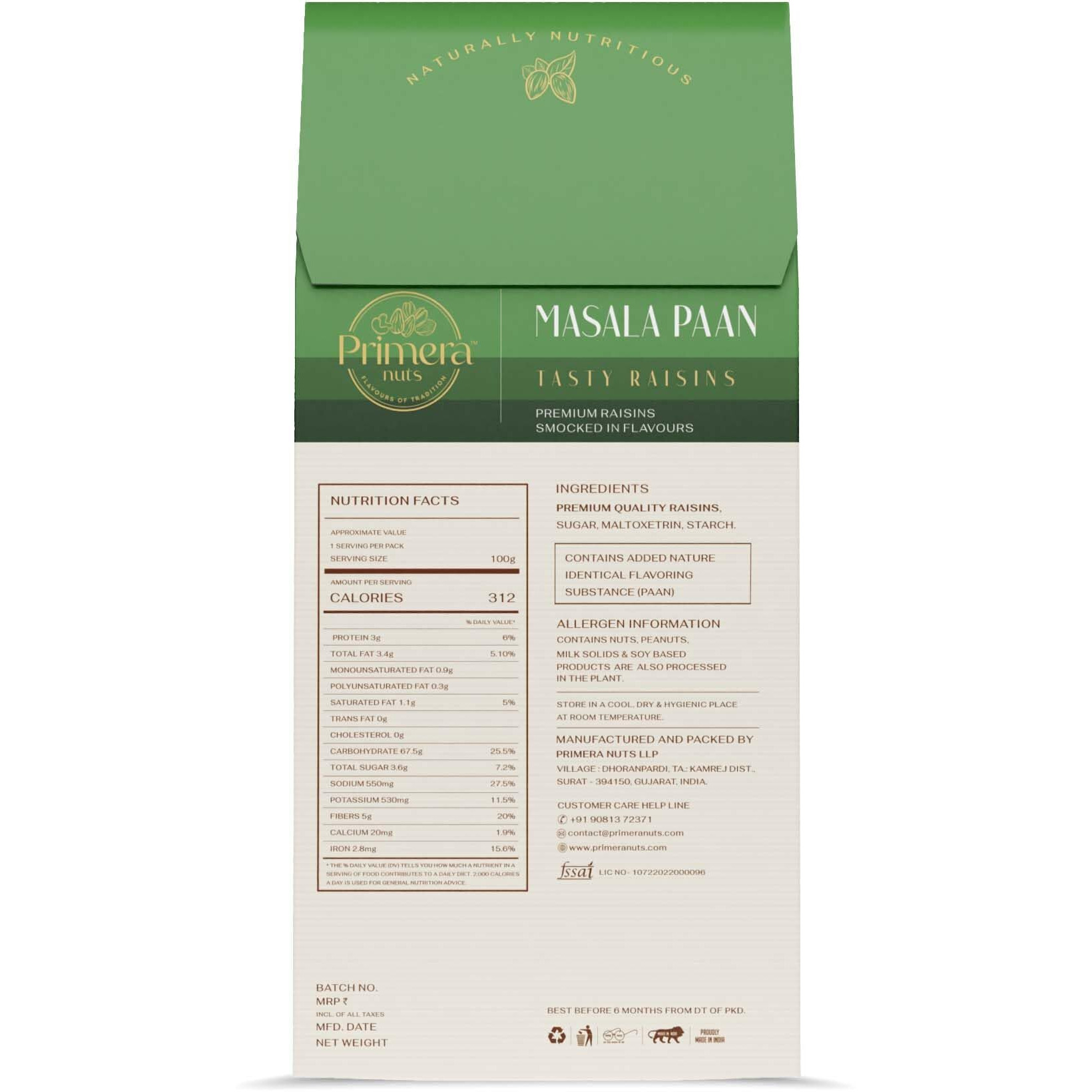 PRIMERA NUTS Premium Tasty Masala Paan Flavour Raisins (125 Gm) | Naturally Nutritious Flavored Raisin | Delicious Healthy Snack Nuts