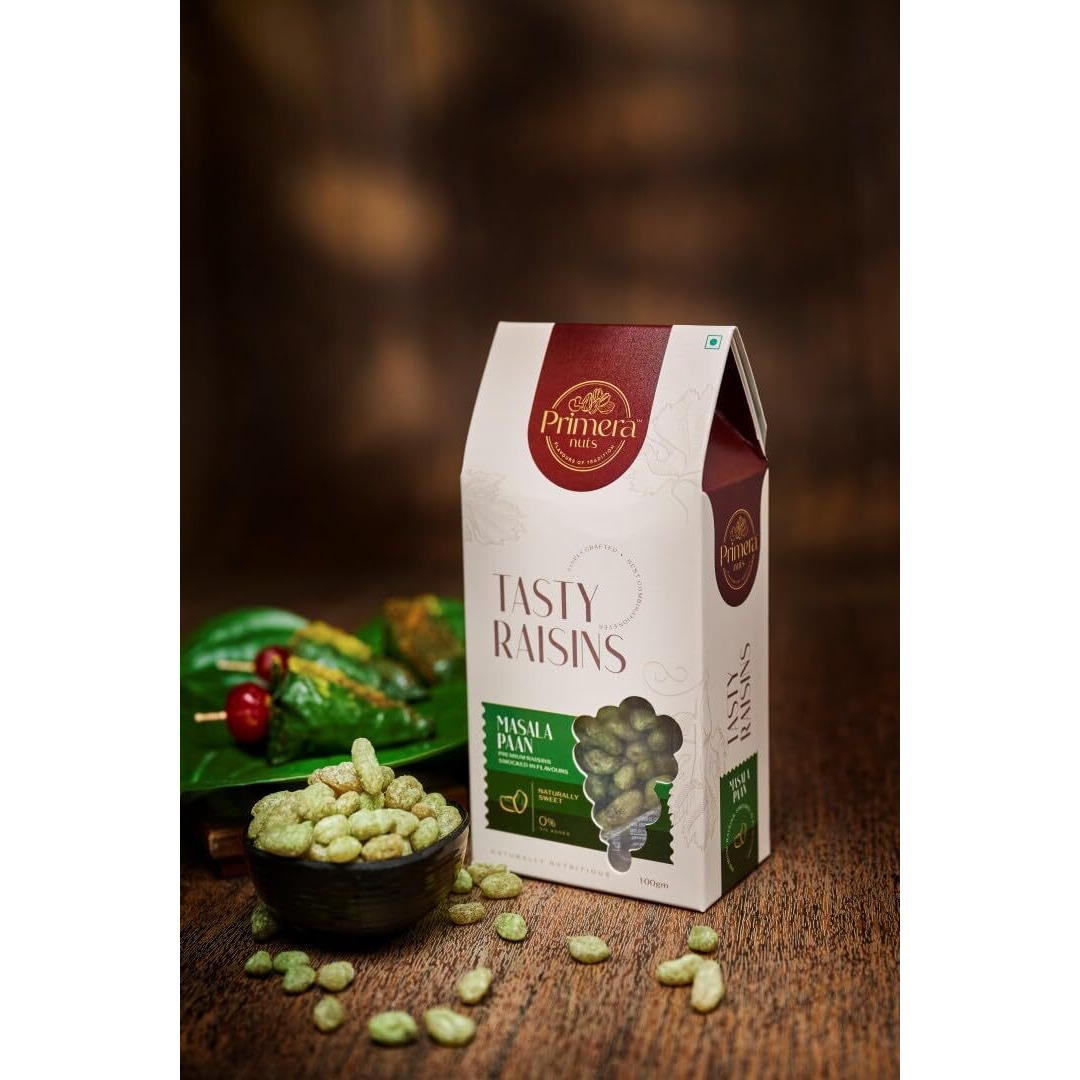 PRIMERA NUTS Premium Tasty Masala Paan Flavour Raisins (125 Gm) | Naturally Nutritious Flavored Raisin | Delicious Healthy Snack Nuts