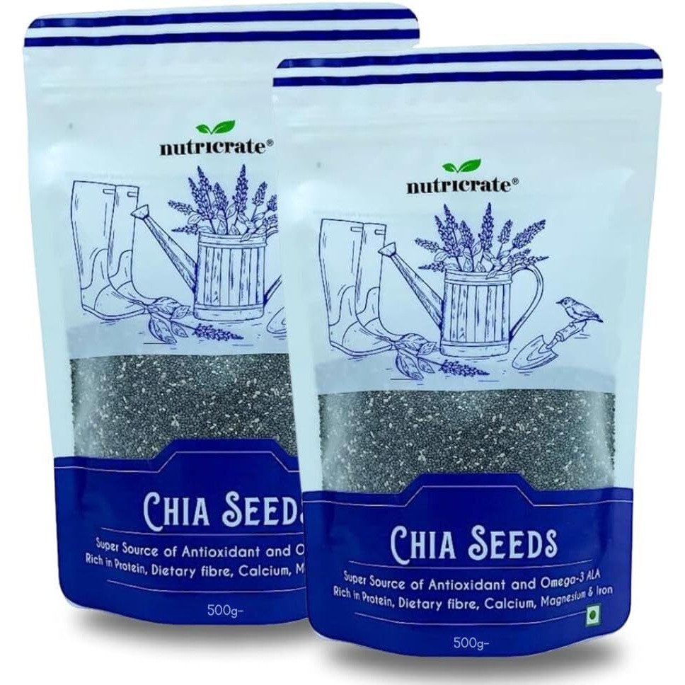 NutriCrate Chia Seeds for Eating (1Kg) Raw Organic Chia Seeds for Weight Management | Rich in Fiber, Protein, Calcium & Omega 3 | Gluten Free Healthy Diet Snack (Pack of 2-500g each)