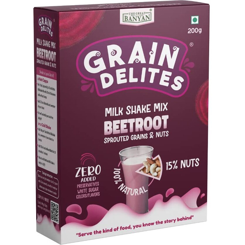 The Great Banyan GrainDelites Milkshake Mix - Beetroot, Sprouted Grains, Millets and Nuts 200g - 100% Natural, No Refined Sugar Drink Mix for Kids and Adults