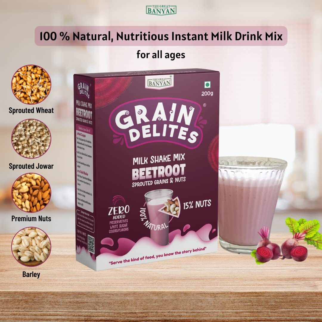 The Great Banyan GrainDelites Milkshake Mix - Beetroot, Sprouted Grains, Millets and Nuts 200g - 100% Natural, No Refined Sugar Drink Mix for Kids and Adults