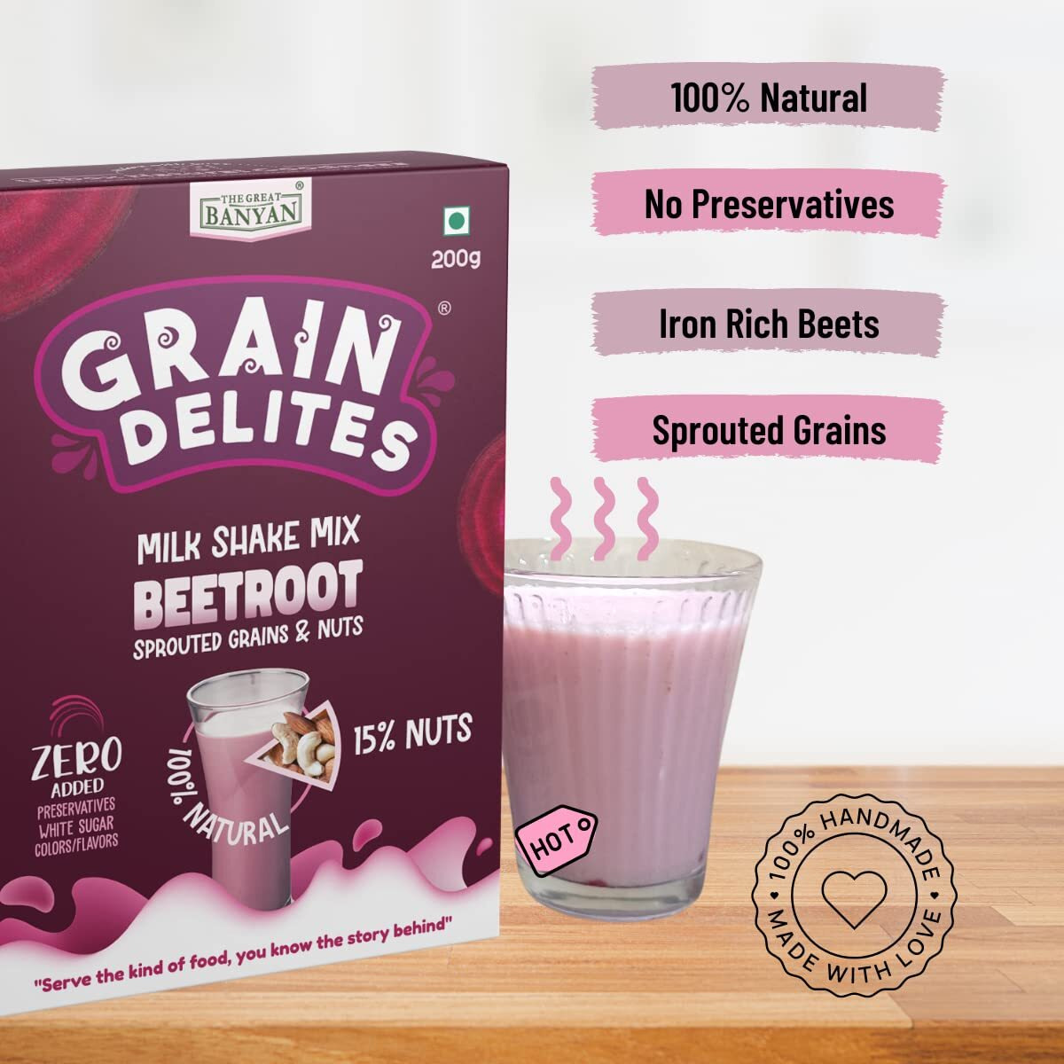 The Great Banyan GrainDelites Milkshake Mix - Beetroot, Sprouted Grains, Millets and Nuts 200g - 100% Natural, No Refined Sugar Drink Mix for Kids and Adults