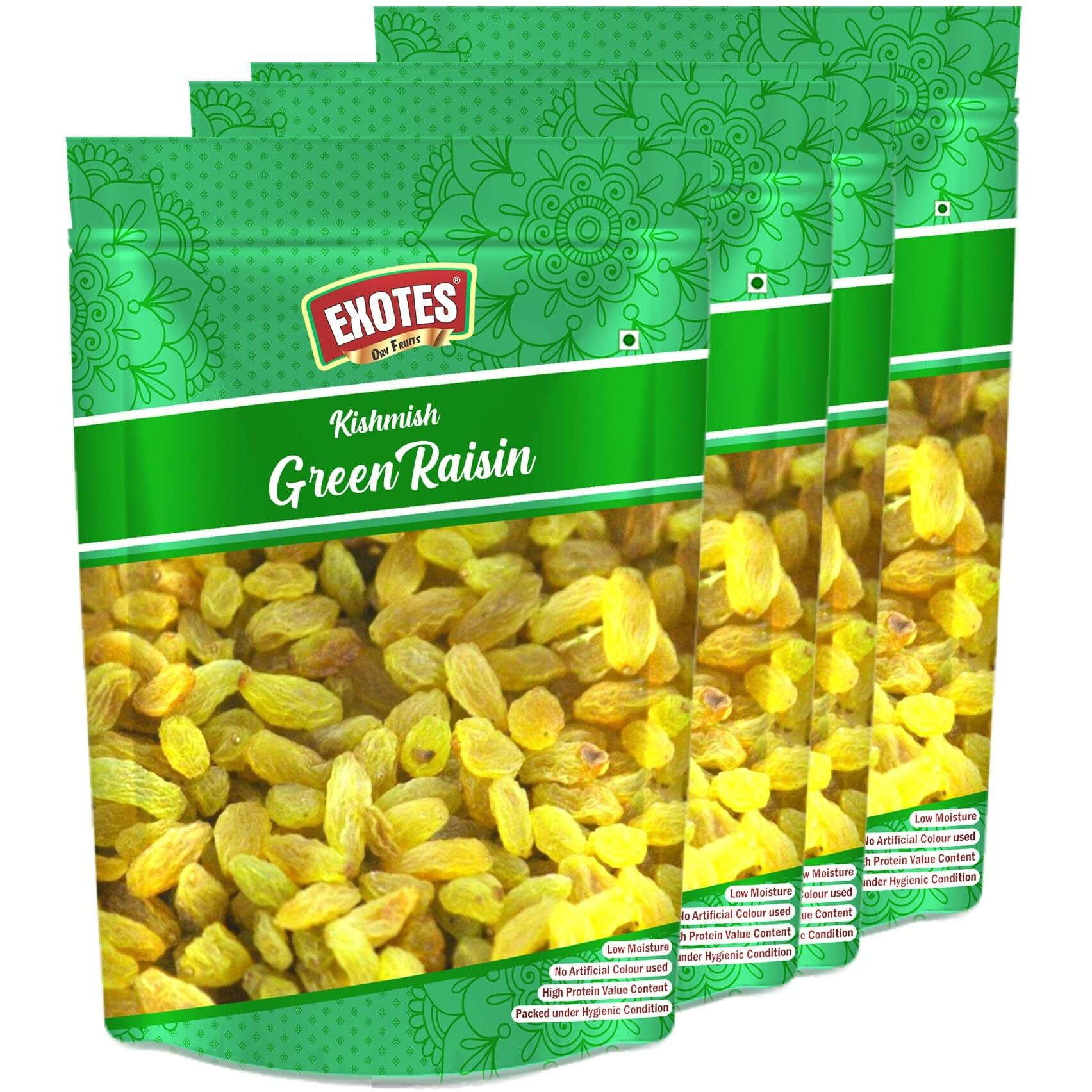 EXOTES Green Long Raisin/ Kishmish Pouch, 250g (Pack of 4)
