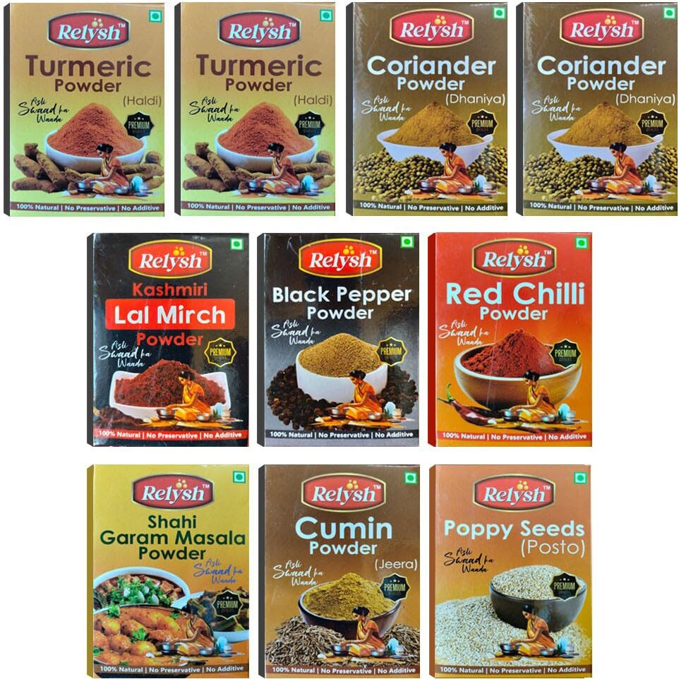 RELYSH 500 GM Masala Powder Family Combo Pack I 50 gm x 10 Packs - 8 Masalas - 100 GM Turmeric, 100 GM Dhania, 50 GM Jeera, 50 GM Red Chilli, 50 GM Kashmiri Lal Mirch, 50 GM Black Pepper, 50GM Poppy (Posto) Seed , 50 GM Shahi Garam Masala | For Daily cooking requirement