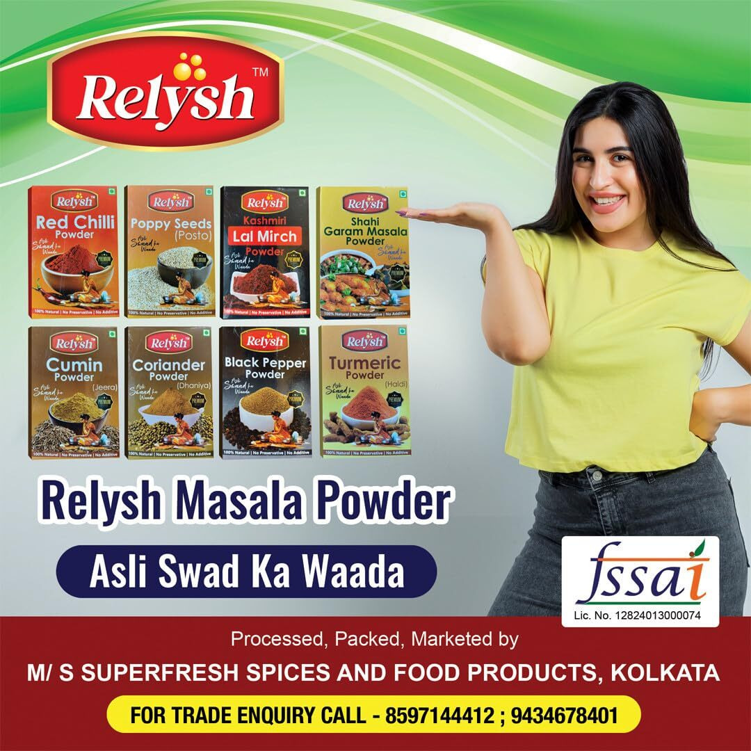 RELYSH 500 GM Masala Powder Family Combo Pack I 50 gm x 10 Packs - 8 Masalas - 100 GM Turmeric, 100 GM Dhania, 50 GM Jeera, 50 GM Red Chilli, 50 GM Kashmiri Lal Mirch, 50 GM Black Pepper, 50GM Poppy (Posto) Seed , 50 GM Shahi Garam Masala | For Daily cooking requirement