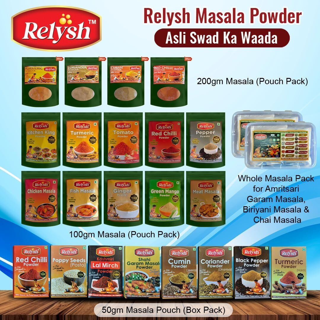 RELYSH 500 GM Masala Powder Family Combo Pack I 50 gm x 10 Packs - 8 Masalas - 100 GM Turmeric, 100 GM Dhania, 50 GM Jeera, 50 GM Red Chilli, 50 GM Kashmiri Lal Mirch, 50 GM Black Pepper, 50GM Poppy (Posto) Seed , 50 GM Shahi Garam Masala | For Daily cooking requirement