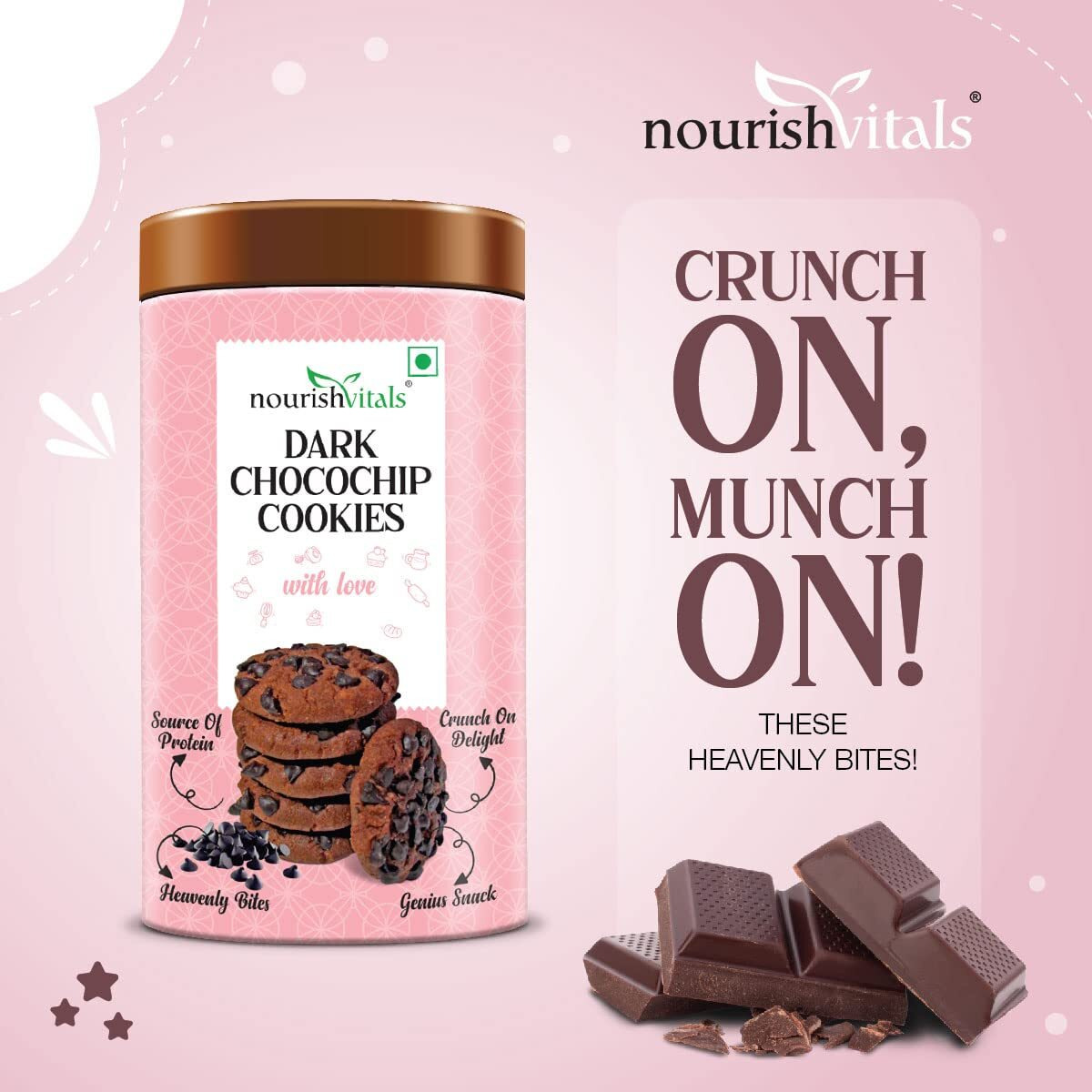 NourishVitals Dark Chocochip Cookies + Coconut Cookies, Heavenly Bites, Source of Protein, Crunchy Delights, Genius Snack, 120g Each