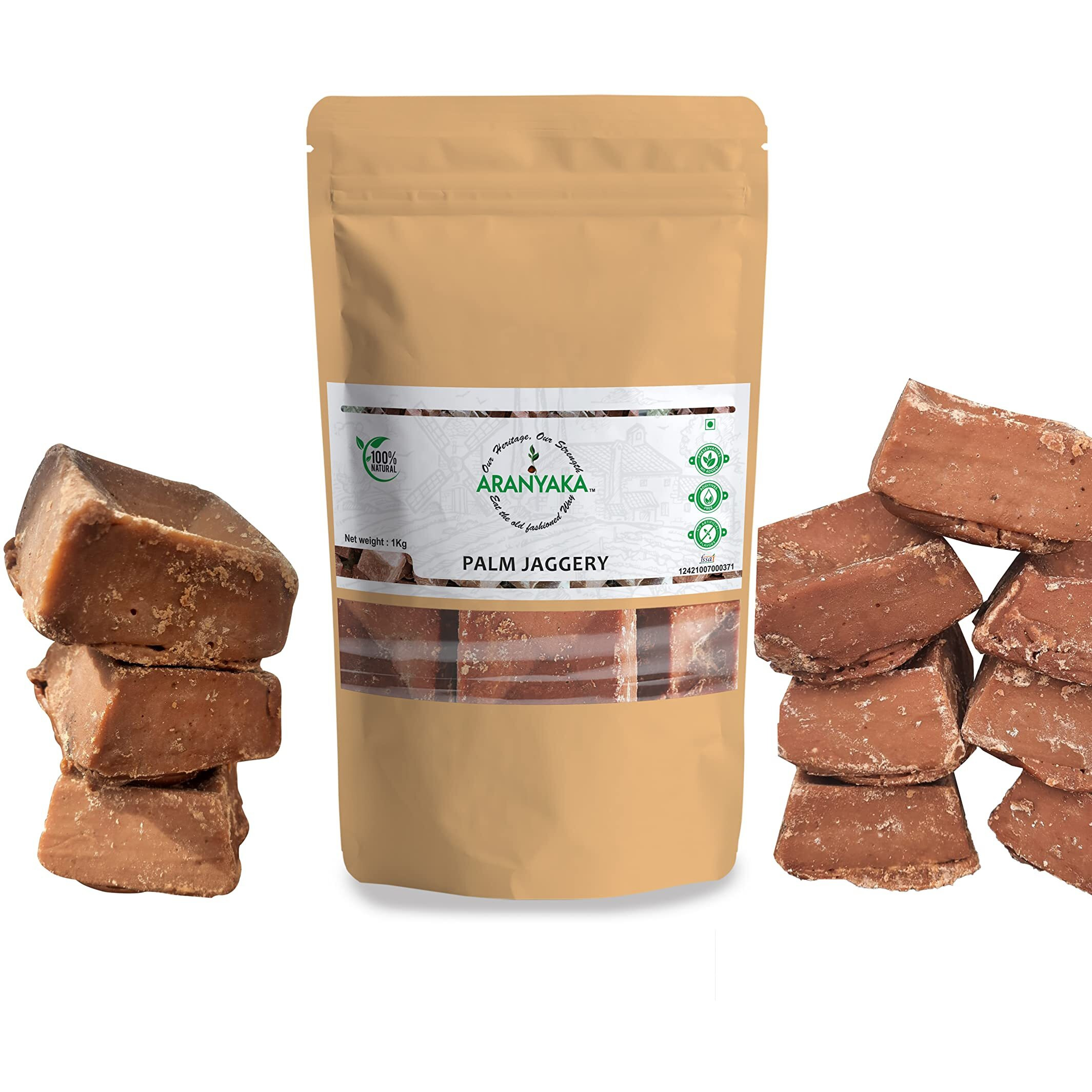 Aranyaka Pure Palmyra Palm Jaggery Blocks |2000 Grams (PACK OF 2 EACH 1 KG) |100% Natural (No Added Sugar, No Impurities, No Added Colour, No Added Preservatives) | Karupatti | Panavellam - Palmyra Jaggery