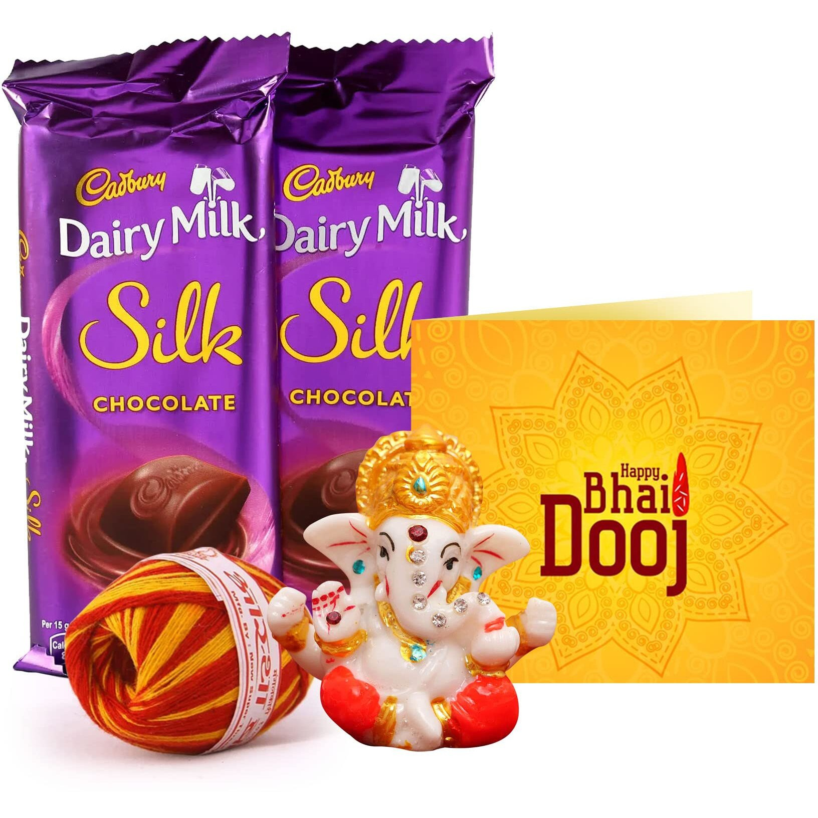 TIED RIBBONS Bhai Dooj Gift Set for Brother with Dairy Milk Silk Chocolates Mini Ganesha Idol Statue Greeting Card and Kalawa Moli Roli Chawal Tika Hamper