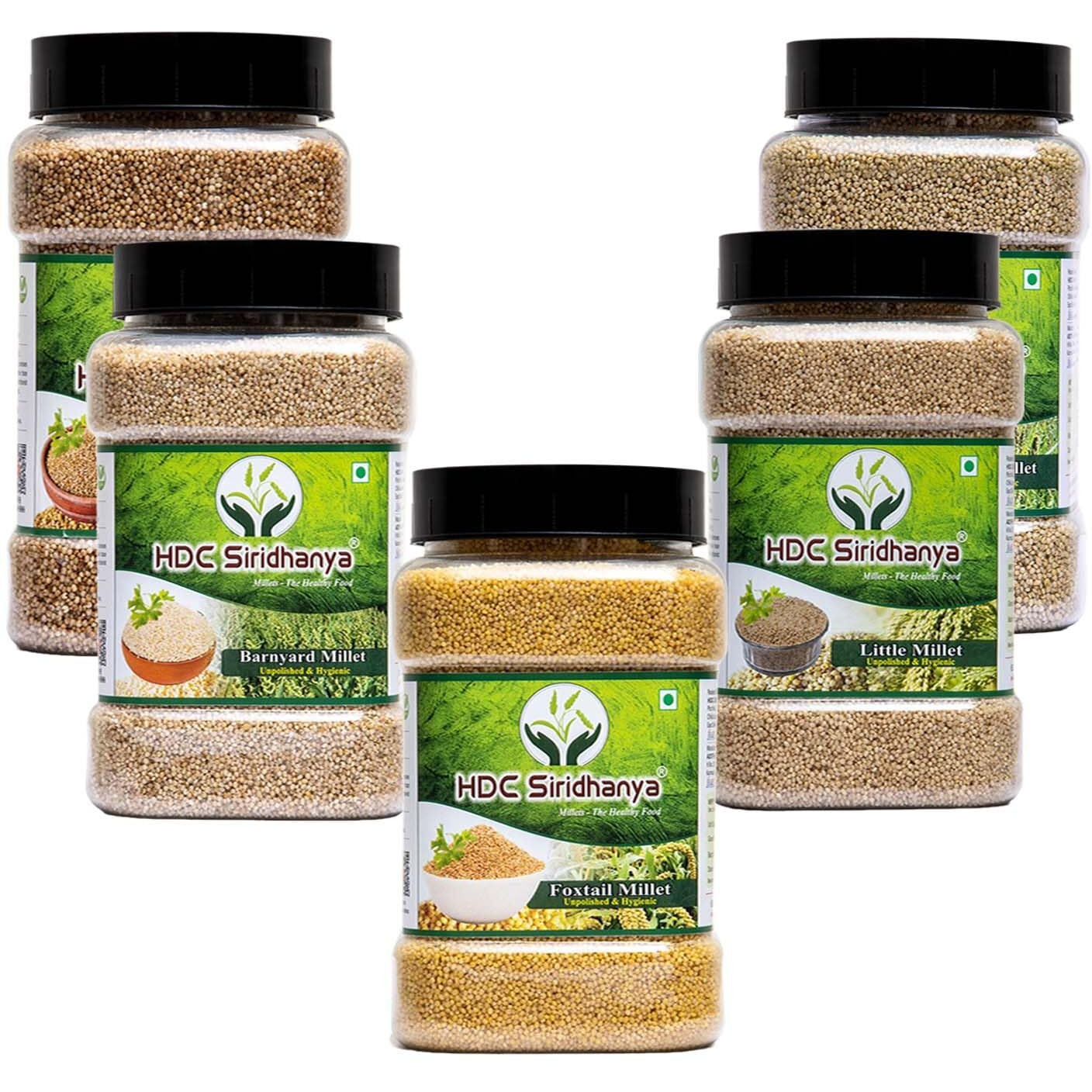 Siridhanya Unpolished & Positive Millets combo pack 5 (kodo, little, browntop, foxtail and barnyard each millets Grwt. 500g) Organicall grawn from Karnataka