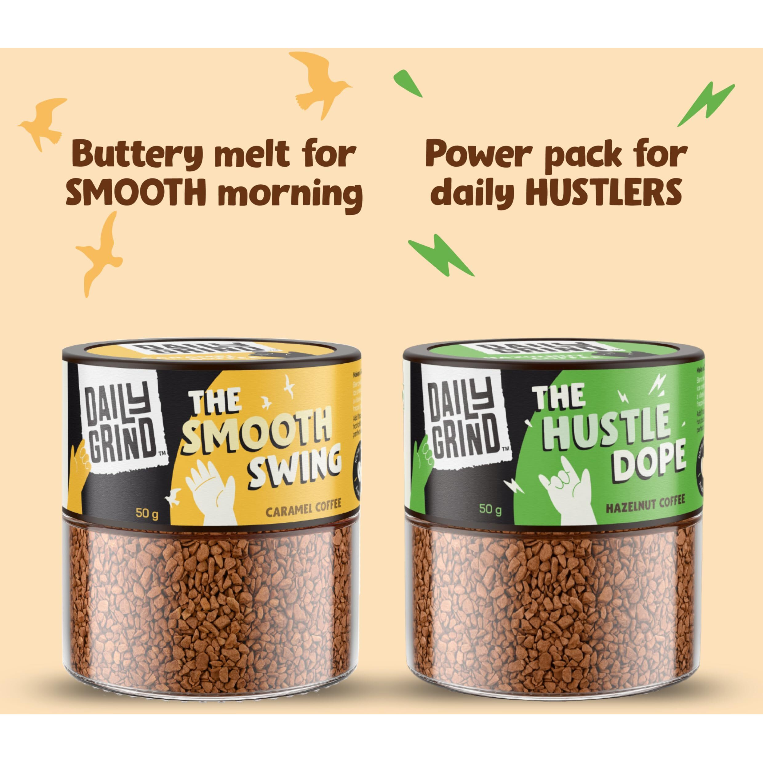 DAILYGRIND Flavored Instant Coffee Powder Combo Pack of 2 with Caramel and Hazelnut Flavored Coffee - 50g x 2 Jar | 100% Arabica Beans for Both Hot and Cold Coffee| Makes 50 Cups