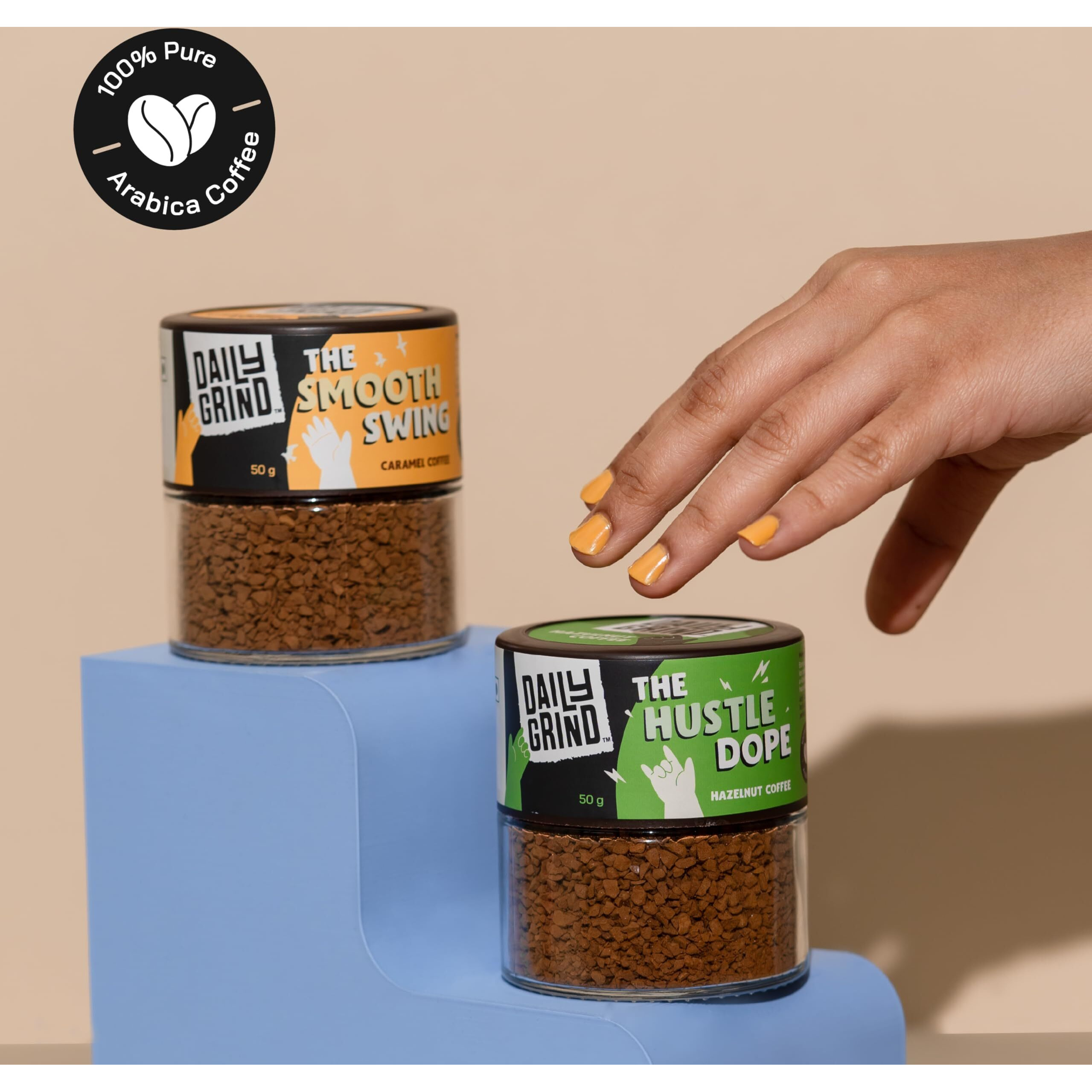 DAILYGRIND Flavored Instant Coffee Powder Combo Pack of 2 with Caramel and Hazelnut Flavored Coffee - 50g x 2 Jar | 100% Arabica Beans for Both Hot and Cold Coffee| Makes 50 Cups