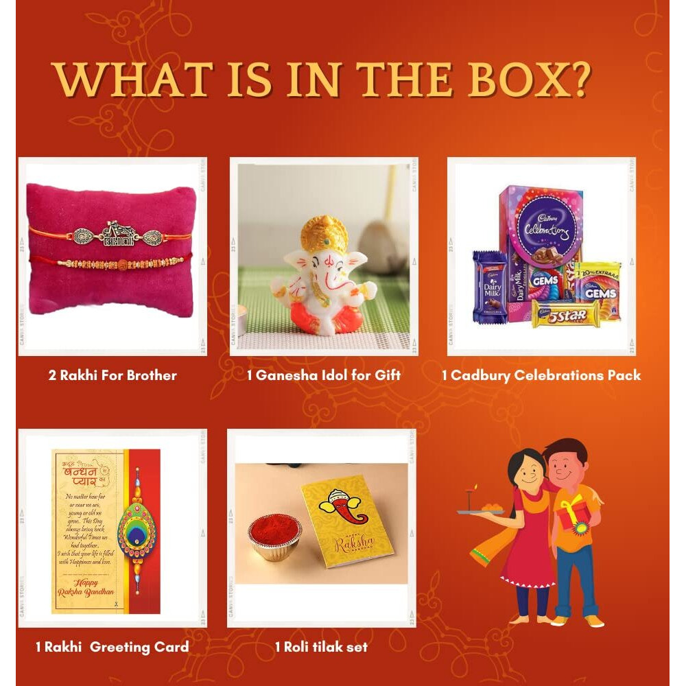 Rakhi for Brother with Ganesh Gift Combo, Rakhi with Chocolate for Bhaiya Kids, Rakhi Set of 2 with Cadbury Celebration Chocolate Gift Pack, Greeting Card, Tilak Set