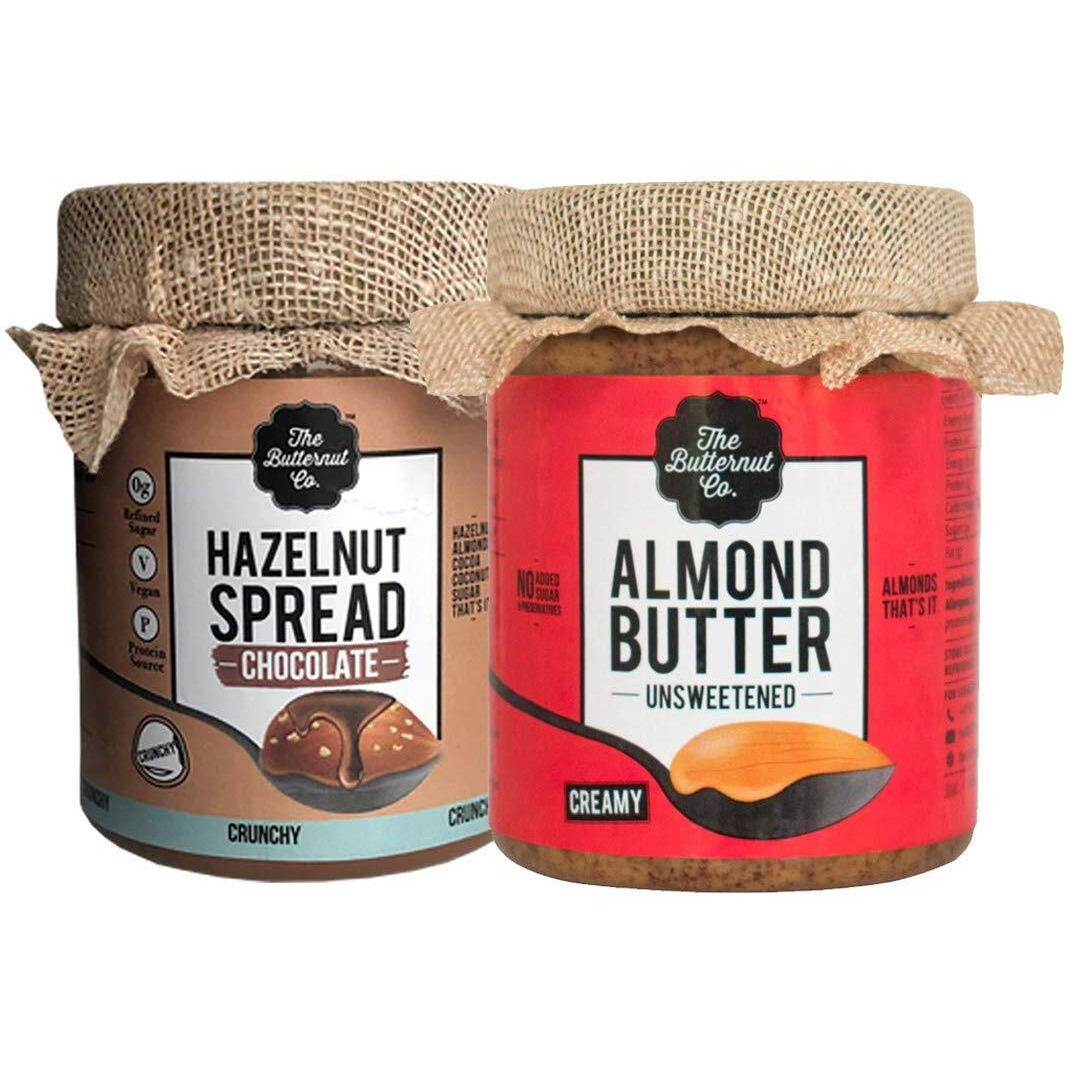 The Butternut Co. Almond Butter Unsweetened Creamy & Chocolate Hazelnut Spread Crunchy, 200 gm each - Pack of 2 (No Added Sugar, Vegan, High Protein, Keto)