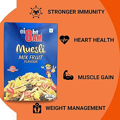8AM Muesli Mix Fruit Flavour 425g | Multigrain Breakfast Cereal, Zero Trans Fat | Protein & Fiber Rich Tasty and Nutritious Snack, Made with Natural Ingredients