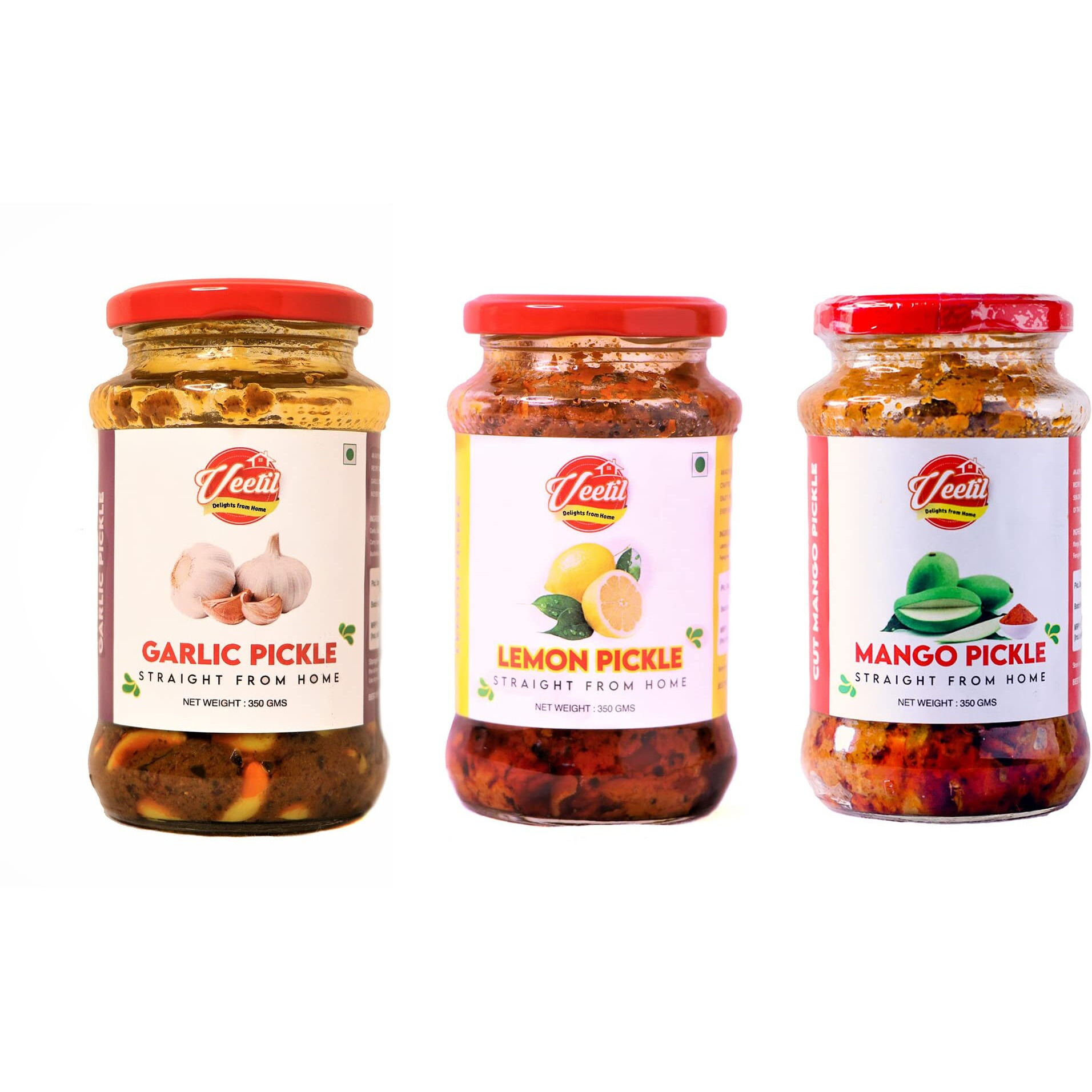 Veetil Mango Pickle + Lemon Pickle + Garlic Pickle Triple Combo Pack - Homemade Nimbu + Lasoon + Aam Ka Aachar 350g (3 bottles)