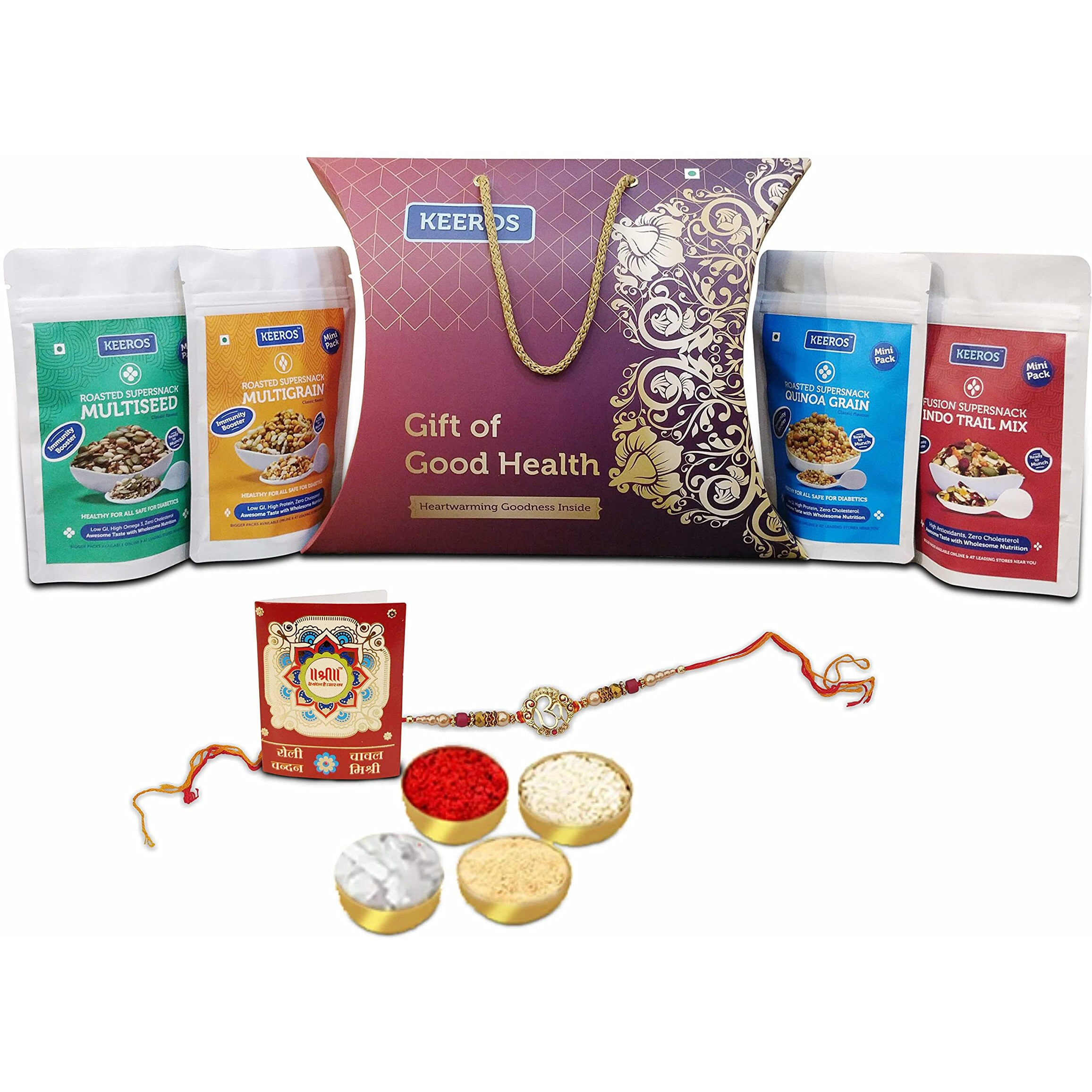 Keeros Healthy Gift for Bhai Dooj with Roli Moli Chandan Tikka Chawal Mishri |Combo of Sweet & Salted, Tasty & Nutritious Super Snacks Packed in a Premium Gift Pack for Brother | Bhai Dooj Combo Pack