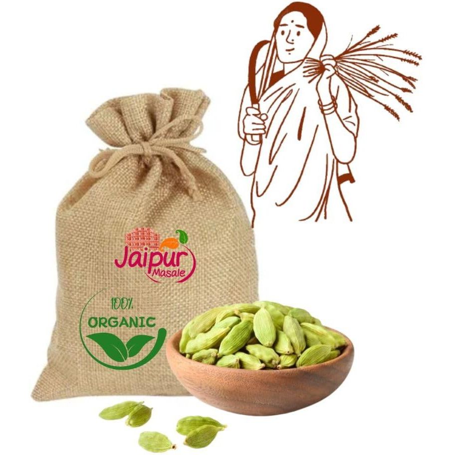 SHAAN-E JAIPUR Whole Cardamom (Elaichi), No Artificial Colours and Preservatives | Green Cardamom for Cooking & Baking | Organic Green Elaichi Whole |900 gm with Jute Bag