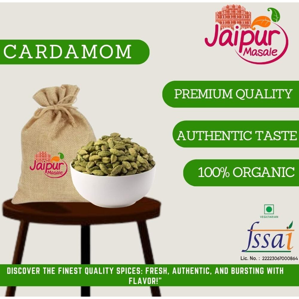 SHAAN-E JAIPUR Whole Cardamom (Elaichi), No Artificial Colours and Preservatives | Green Cardamom for Cooking & Baking | Organic Green Elaichi Whole |900 gm with Jute Bag