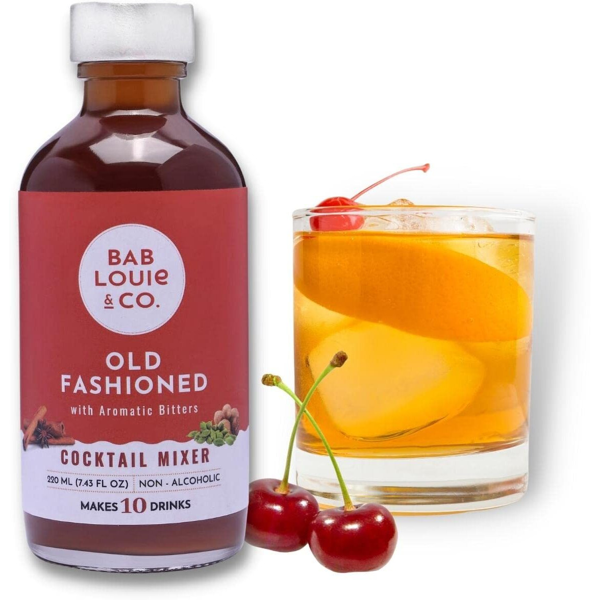 Bab Louie & Co. Old Fashioned Craft Cocktail Mixer | Makes 10 Cocktails & Mocktails | Non-Alcoholic & 100% Natural Mixers | Old Fashioned Syrup with Bitters, Orange & Cherry | Zero Preservatives | 220ml