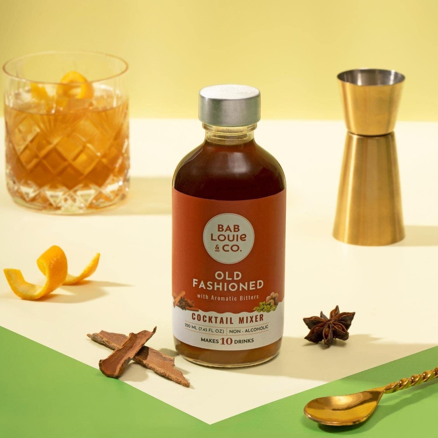 Bab Louie & Co. Old Fashioned Craft Cocktail Mixer | Makes 10 Cocktails & Mocktails | Non-Alcoholic & 100% Natural Mixers | Old Fashioned Syrup with Bitters, Orange & Cherry | Zero Preservatives | 220ml