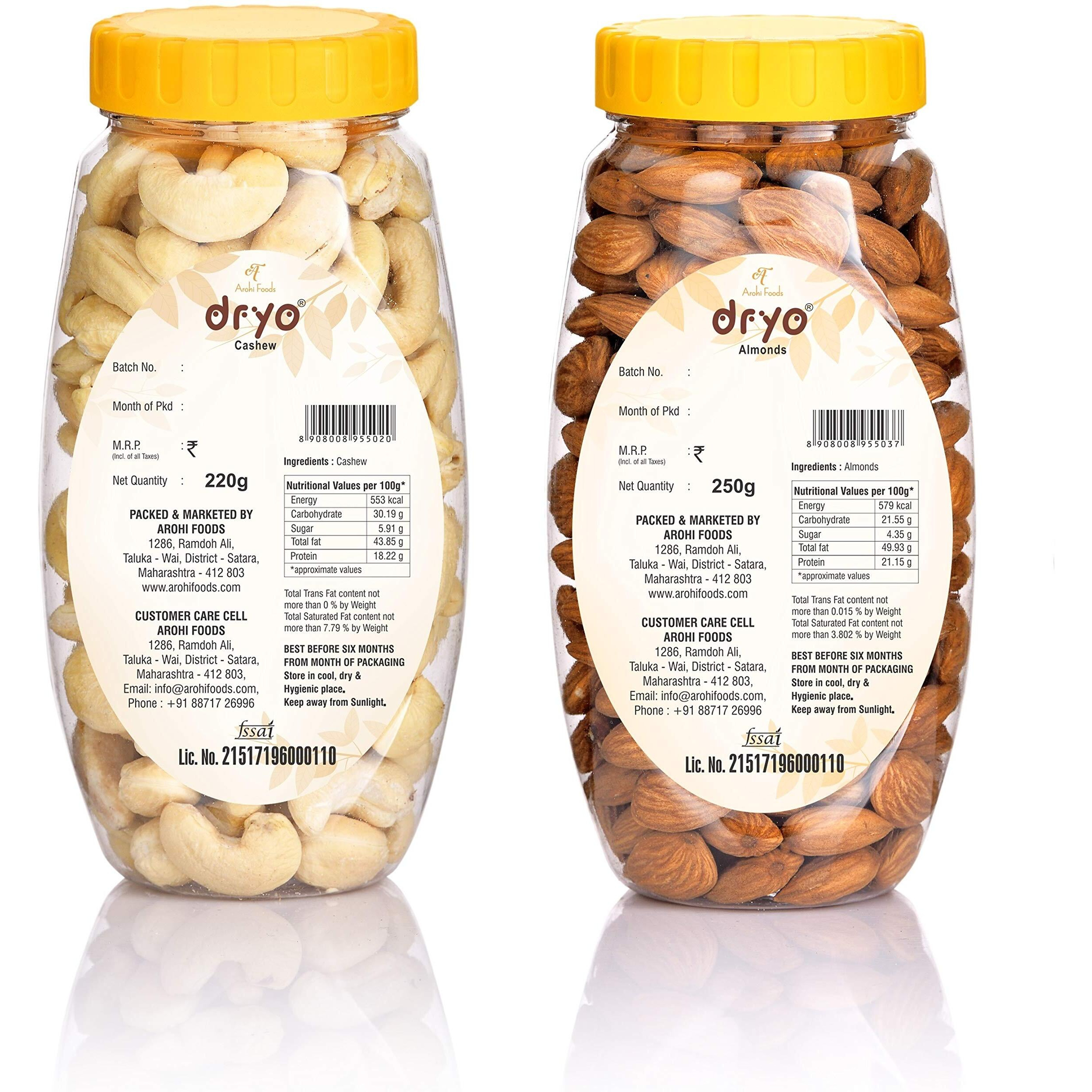 Dryo Natural Dry Fruit Combo Premium Californian Almonds 250g And Goan Cashew Nuts kaju and Badam Combo 220g Delicious & Nutritious