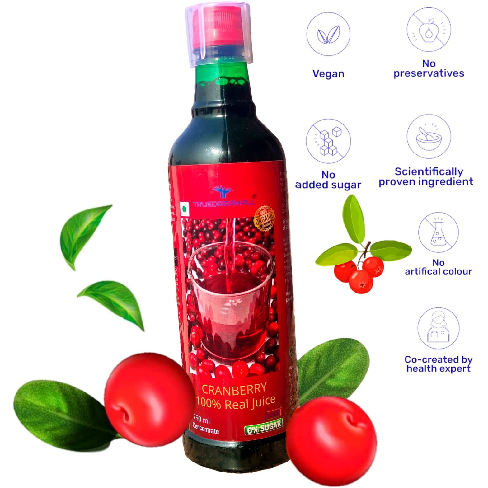 Truedreamall Cranberry Juice- Unsweetened, Pure & Organic, Real & Fresh Cranberry Juice (Concentrate Juice)750ml