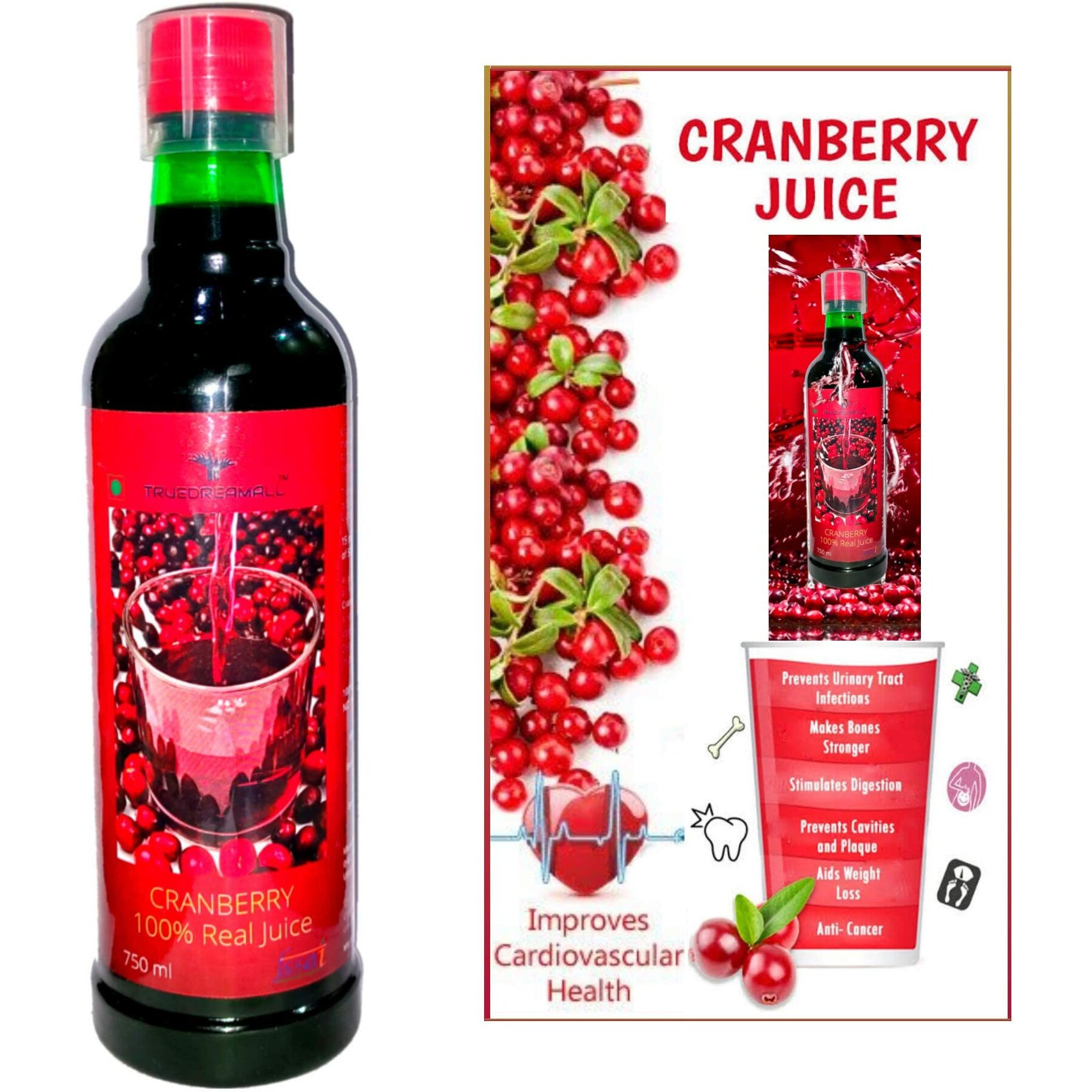 Truedreamall Cranberry Juice- Unsweetened, Pure & Organic, Real & Fresh Cranberry Juice (Concentrate Juice)750ml