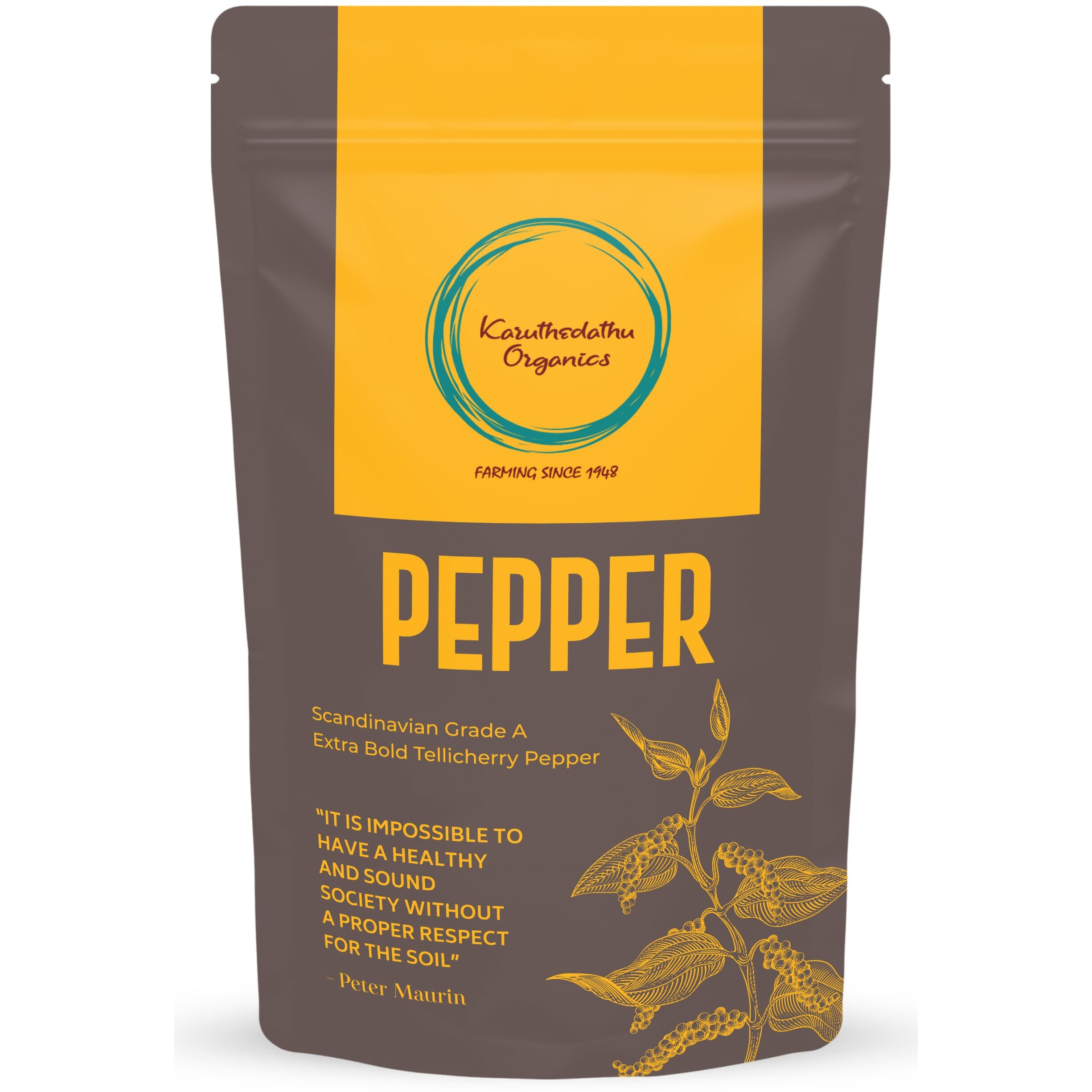 Karuthedathu Organics | Black Pepper | Kali Mirch | Scandinavian Grade A | Extra Bold Tellicherry Pepper | Sun Dried | Un-Polished Pepper | Organically Grown | Idukki - Kerala | Hand Sorted | 200 Grams | Farm to Kitchen |