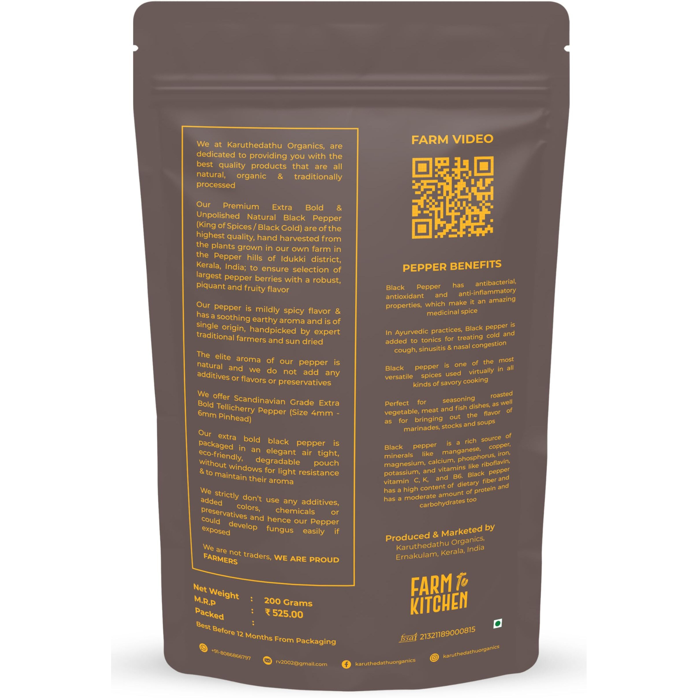 Karuthedathu Organics | Black Pepper | Kali Mirch | Scandinavian Grade A | Extra Bold Tellicherry Pepper | Sun Dried | Un-Polished Pepper | Organically Grown | Idukki - Kerala | Hand Sorted | 200 Grams | Farm to Kitchen |