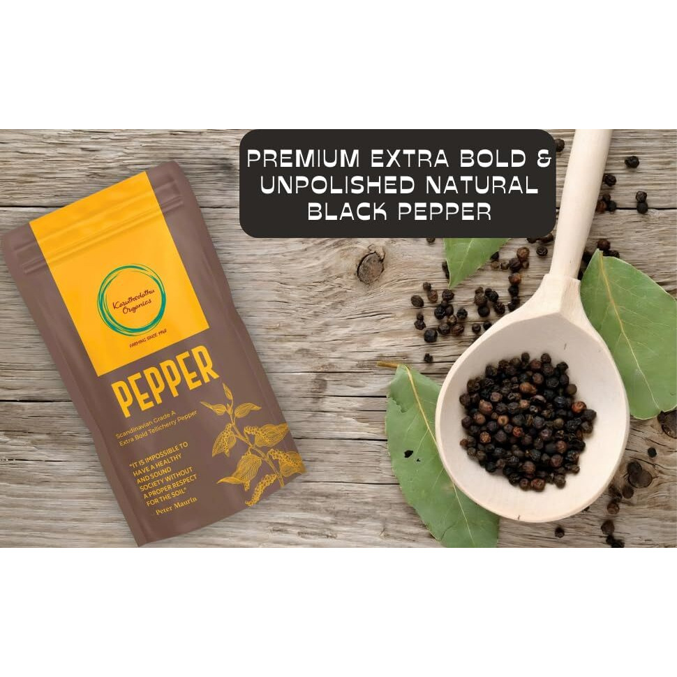 Karuthedathu Organics | Black Pepper | Kali Mirch | Scandinavian Grade A | Extra Bold Tellicherry Pepper | Sun Dried | Un-Polished Pepper | Organically Grown | Idukki - Kerala | Hand Sorted | 200 Grams | Farm to Kitchen |