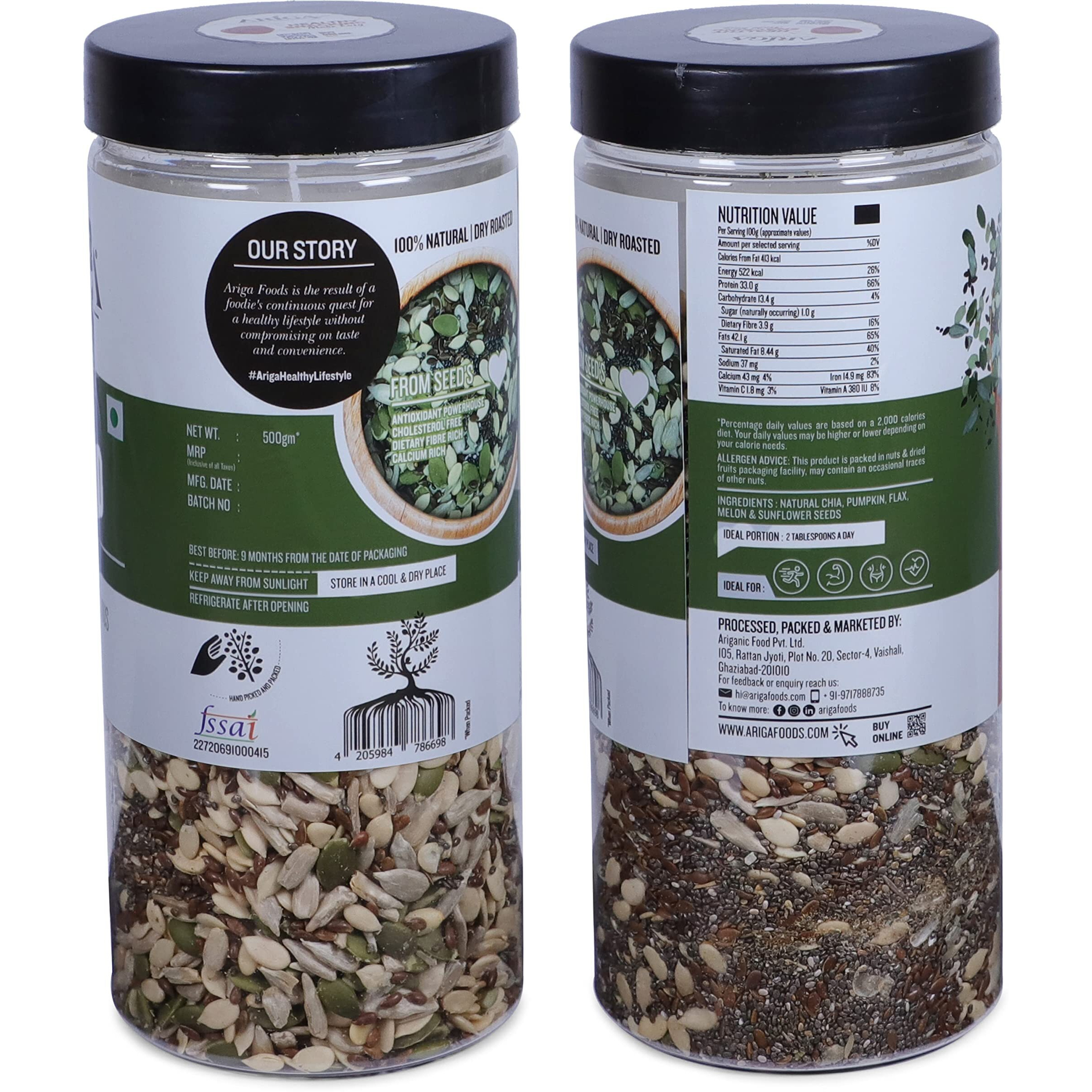 Ariga Foods 5 in 1 Super Seeds Mix- Pumpkin, Flax, Chia, Watermelon and Sunflower Mixed Seeds for Weight Loss in Pet Jar 1kg Value Pack (2x500g each) | Vitamins & Minerals Rich | Healthy Rich Diet food