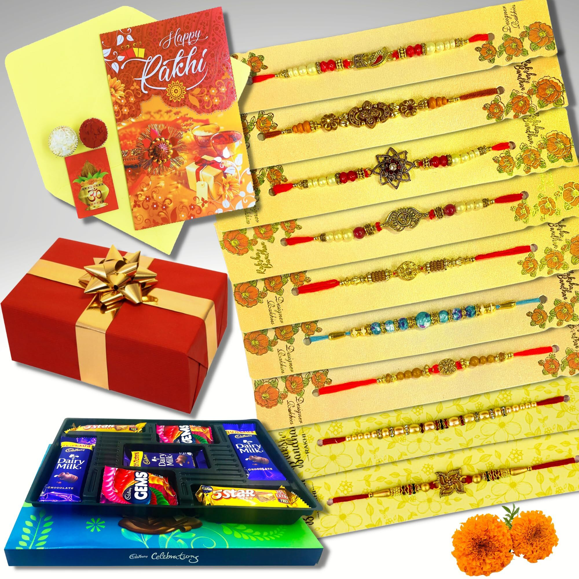Almoda Creations Rakhi For Brother 9 Piece Rakhi Combo With Personalized Rakhi Greeting Card, Chocolates, Roli Moli, Kalawa & Rakhi Gift Box