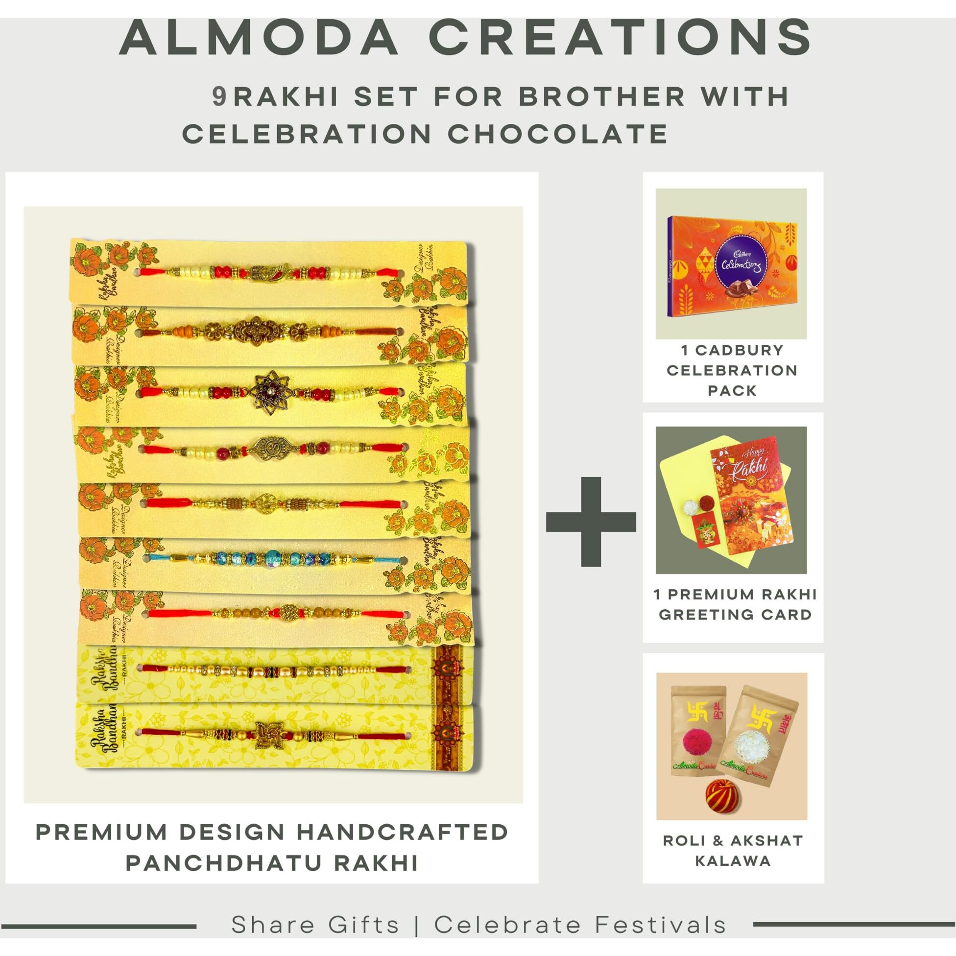 Almoda Creations Rakhi For Brother 9 Piece Rakhi Combo With Personalized Rakhi Greeting Card, Chocolates, Roli Moli, Kalawa & Rakhi Gift Box