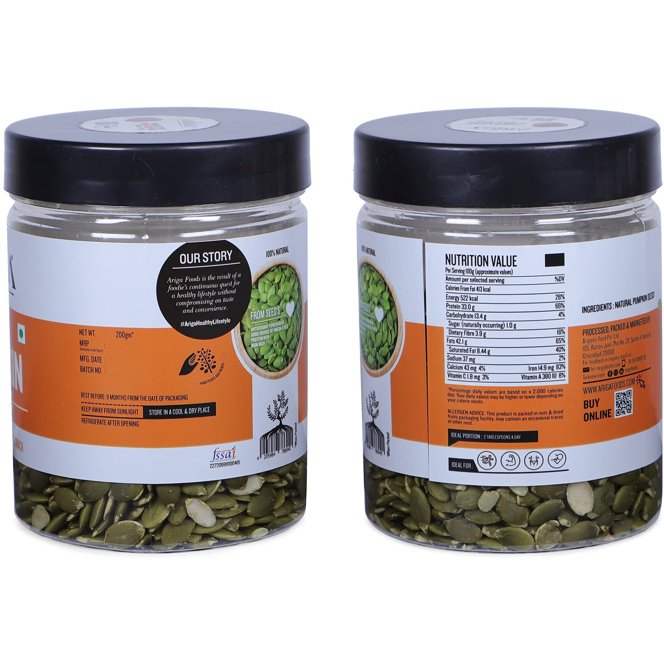 Ariga Foods Raw Pumpkin Seeds Immunity Booster | Rich in Protein & Fibre For Weight Loss in Pet Jar | Rich Source of Omega 3 | Highly Nutritious Snack | Rich in Protein, Dietary Fibre, Zinc & Magnesium 200g