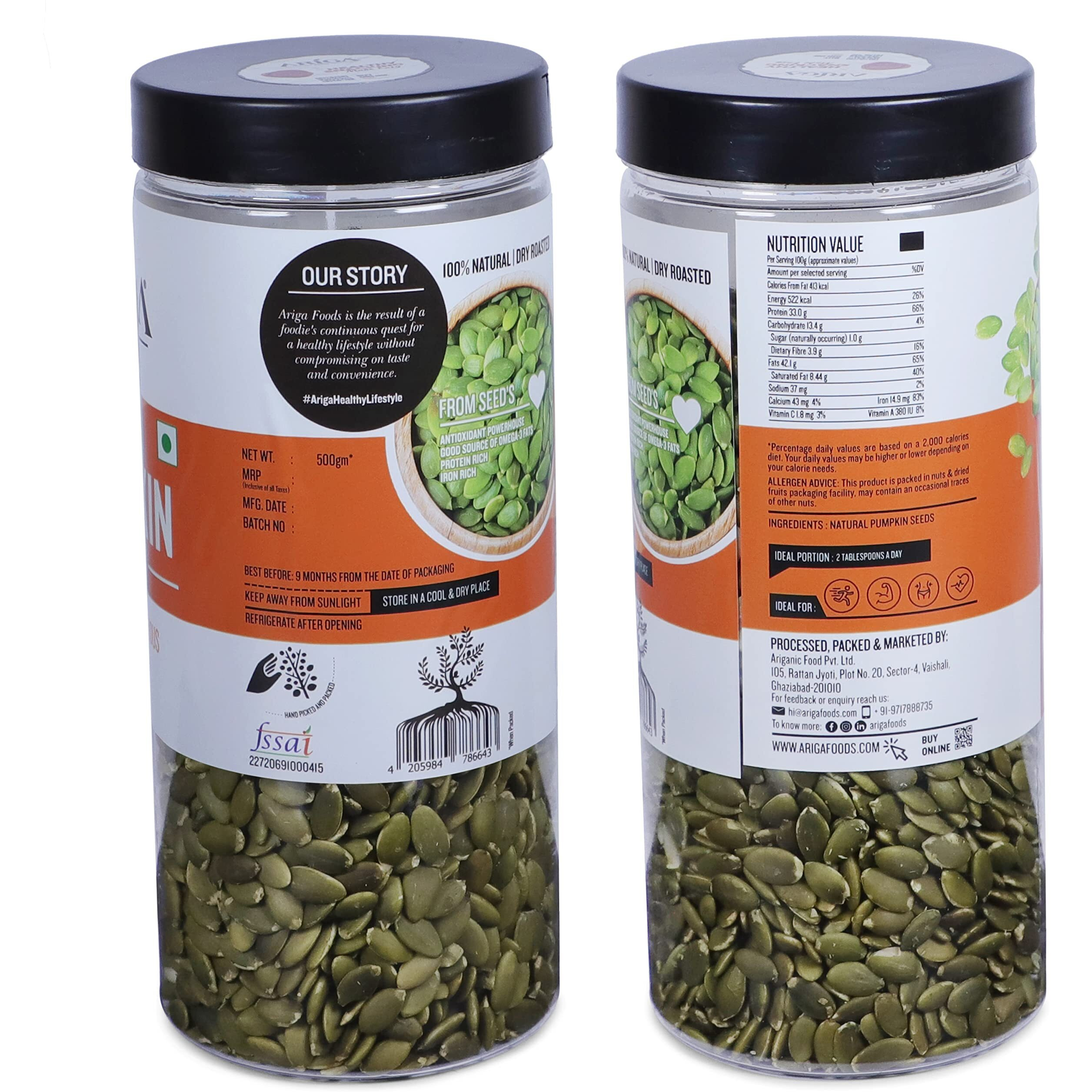 Ariga Foods Pumpkin Seeds Roasted Immunity Booster For Weight Loss in Pet Jar 500g | Rich Source of Omega 3 | Highly Nutritious Snack | Rich in Protein, Dietary Fibre, Zinc & Magnesium (500g)