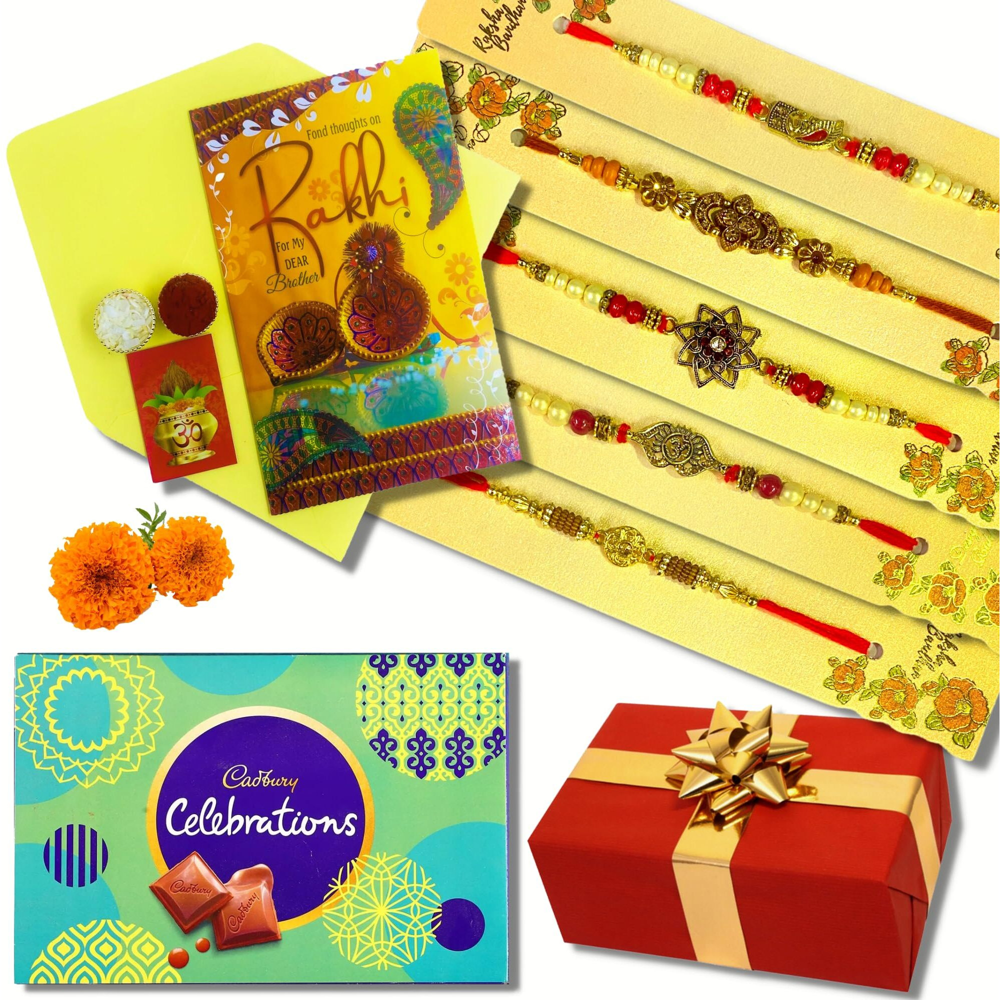Almoda Creations 5 Pieces Panchdhatu Rakhi Combo with 1 Cadbury Celebration Box, Roli Moli, Kalawa, Personalized Message Rakhi Greeting Card & Rakhi Gift Box