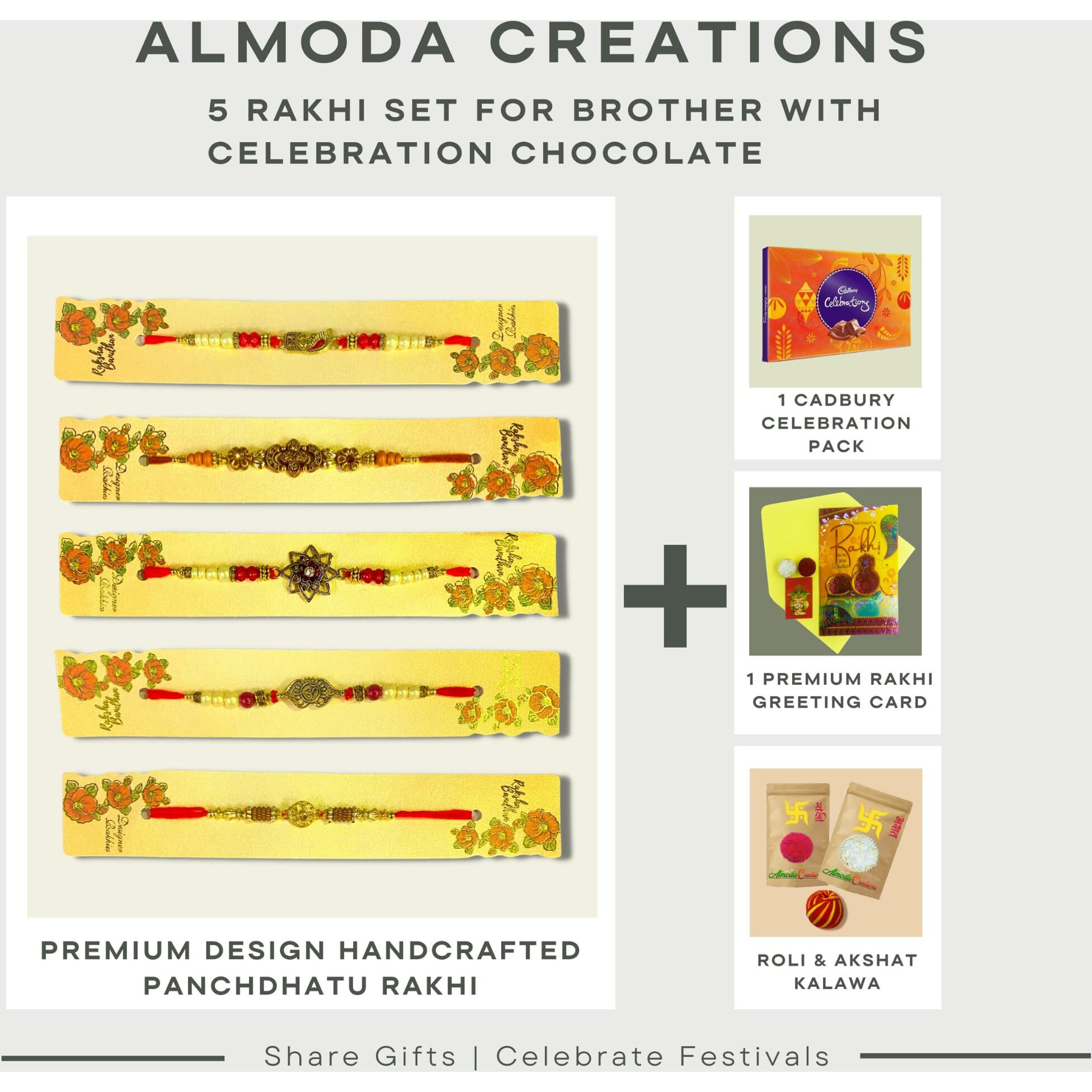 Almoda Creations 5 Pieces Panchdhatu Rakhi Combo with 1 Cadbury Celebration Box, Roli Moli, Kalawa, Personalized Message Rakhi Greeting Card & Rakhi Gift Box