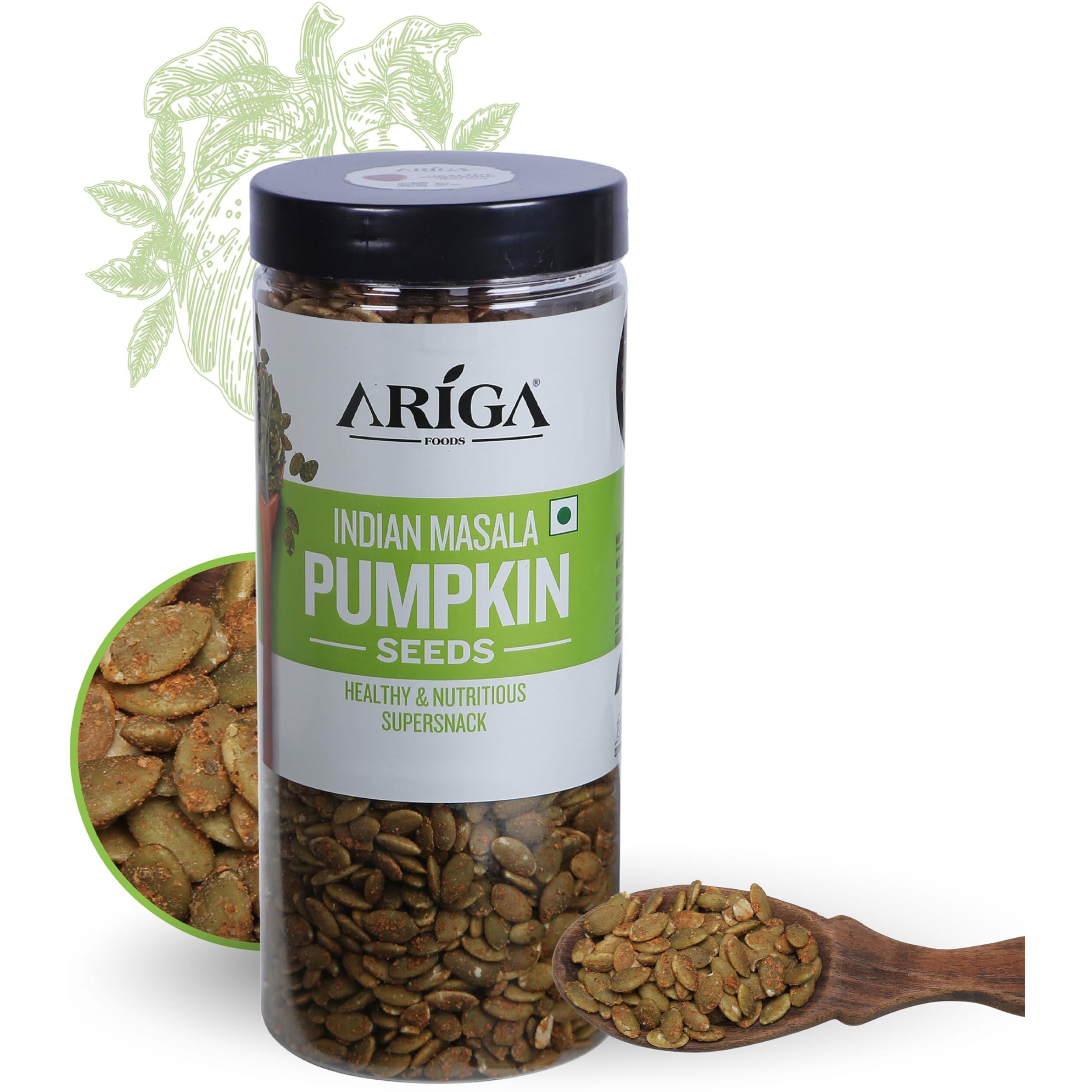 Ariga Foods Pumpkin Seeds For Weight Loss Roasted With Indian Masala Immunity Booster in Pet Jar | Rich Source of Omega 3 | Highly Nutritious Snack | Rich in Protein, Dietary Fibre, Zinc & Magnesium 500g