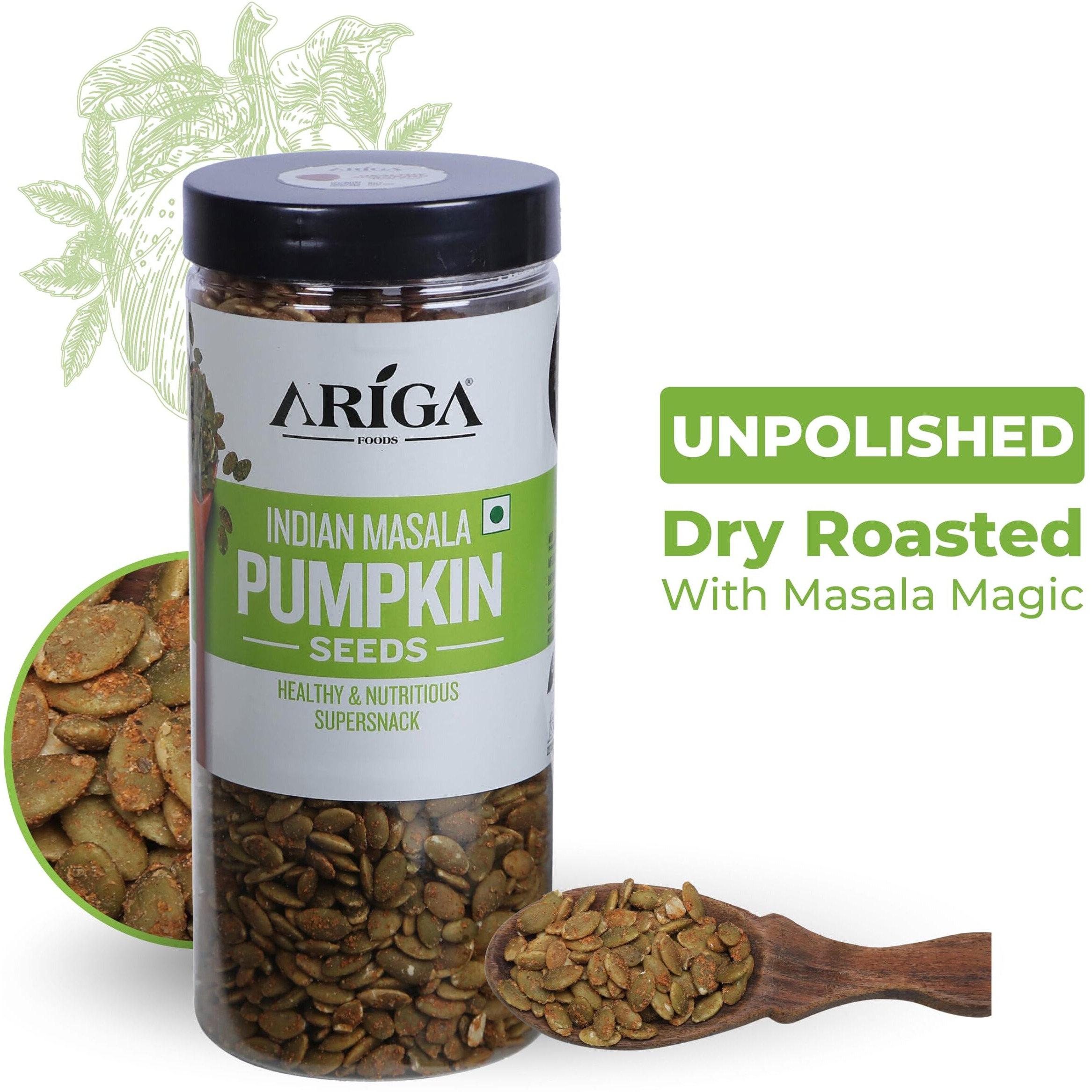 Ariga Foods Pumpkin Seeds For Weight Loss Roasted With Indian Masala Immunity Booster in Pet Jar | Rich Source of Omega 3 | Highly Nutritious Snack | Rich in Protein, Dietary Fibre, Zinc & Magnesium 500g