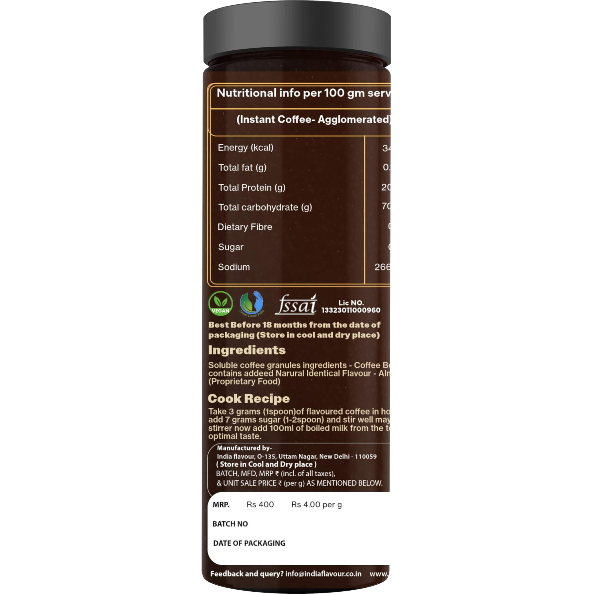 India Flavor Cappuccino Coffee | Creamy, Smooth Instant Coffee Powder | 100 gm coffee, 50 Servings
