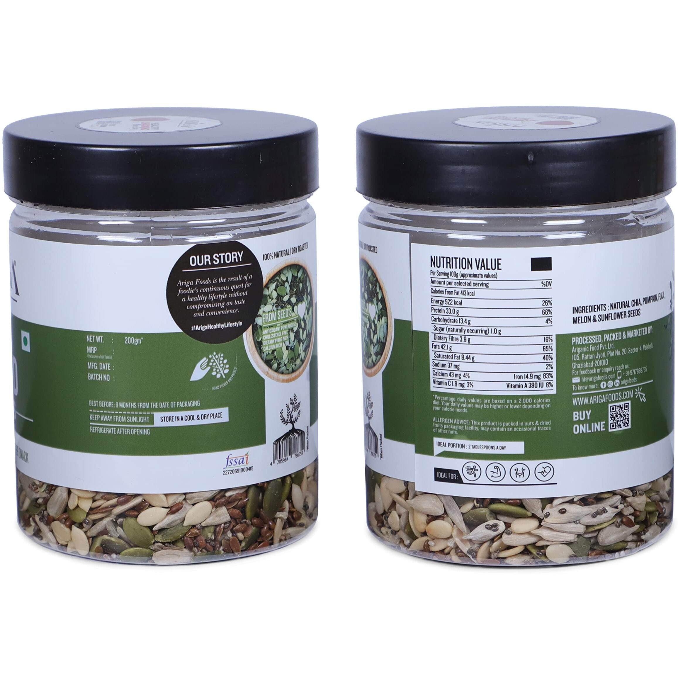Ariga Foods 5 in 1 Super Seeds Mix- Pumpkin, Flax, Chia, Watermelon and Sunflower Mixed Seeds for Weight Loss in Pet Jar Value Pack (200g) | Vitamins & Minerals Rich | Healthy Diet Food
