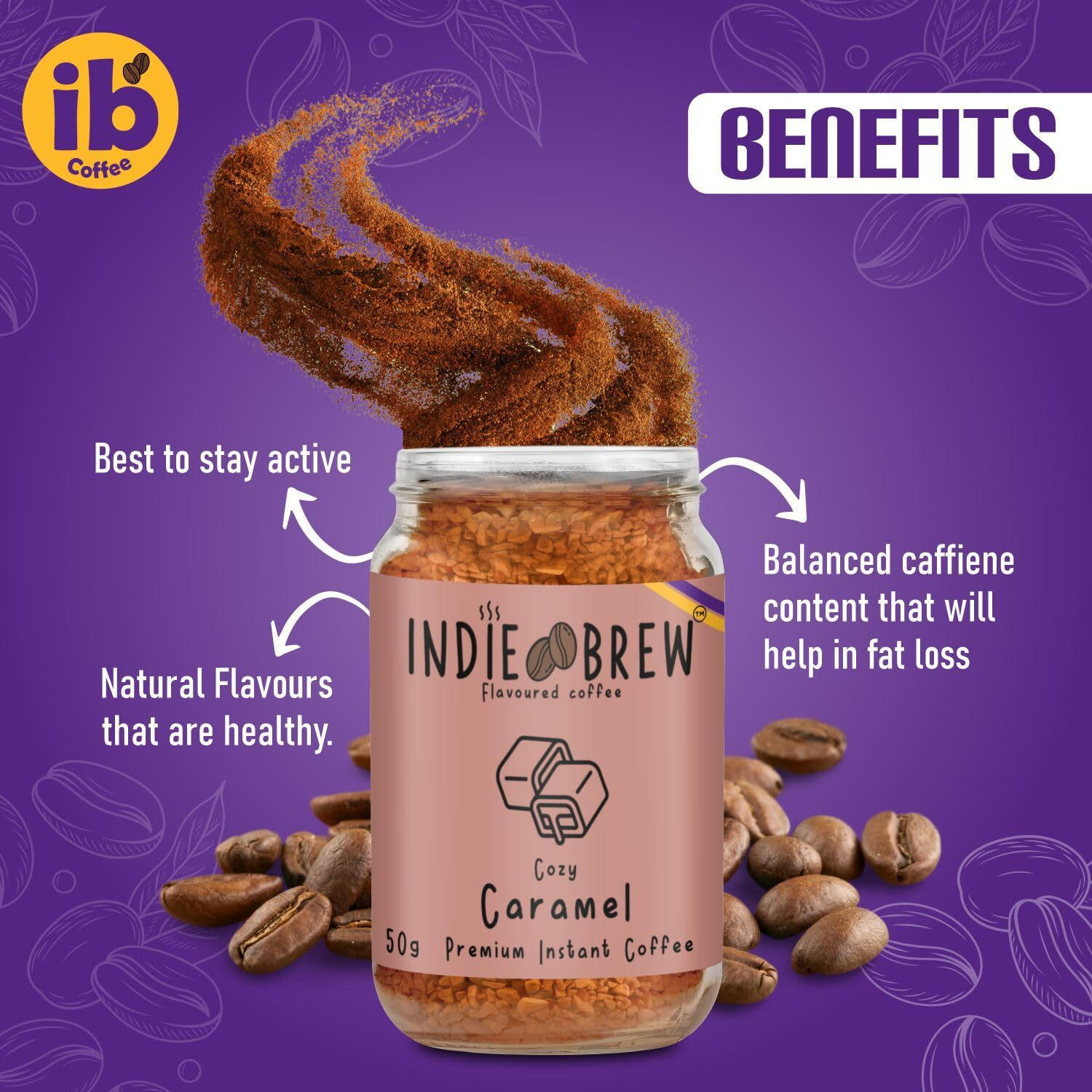 Indie Brew Caramel Instant coffee powder, 100% Arabica coffee, Freeze dried flavoured coffee, No Added Sugar, Low Calorie, Stay energetic throughout the day | coffee 50g | Makes 25 bold cups