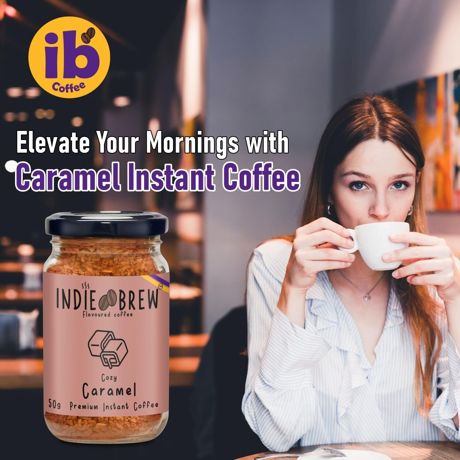 Indie Brew Caramel Instant coffee powder, 100% Arabica coffee, Freeze dried flavoured coffee, No Added Sugar, Low Calorie, Stay energetic throughout the day | coffee 50g | Makes 25 bold cups