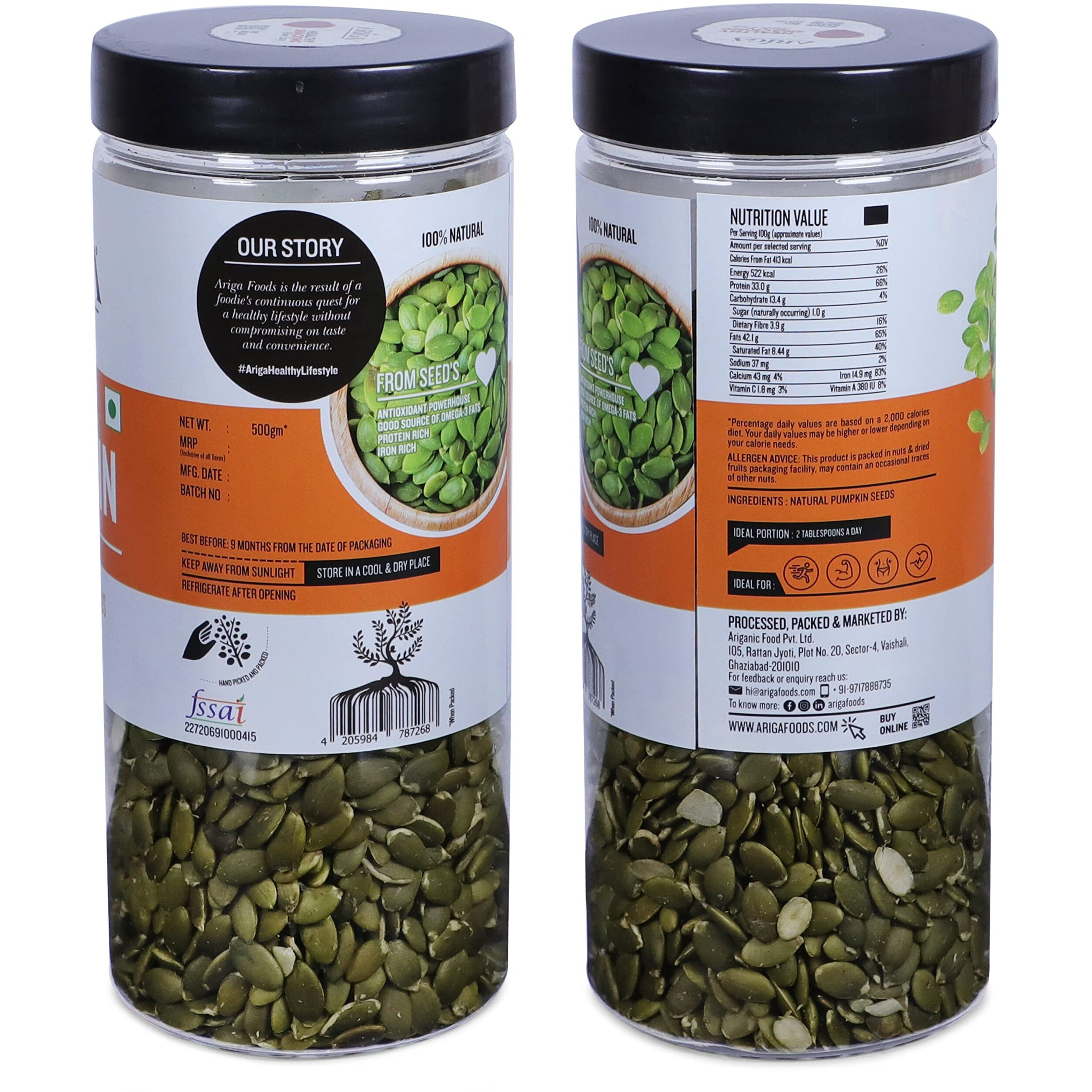 Ariga Foods Raw Pumpkin Seeds Immunity Booster | Rich in Protein & Fibre For Weight Loss in Pet Jar | Rich Source of Omega 3 | Highly Nutritious Snack | Rich in Protein, Dietary Fibre, Zinc & Magnesium 500g