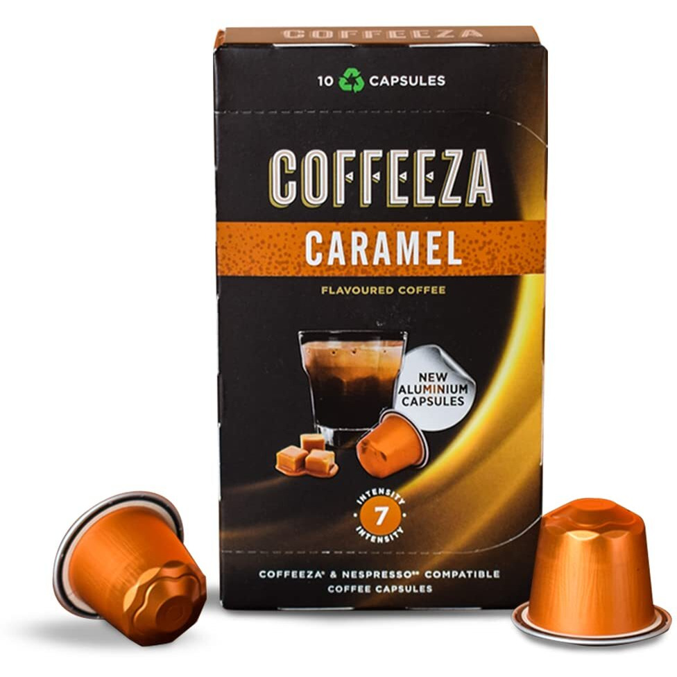 Coffeeza Caramel Flavoured Coffee Capsules, Intensity -7 | Aluminium Coffee Pods |100% Arabica Coffee Box of 20 (200 Capsules)